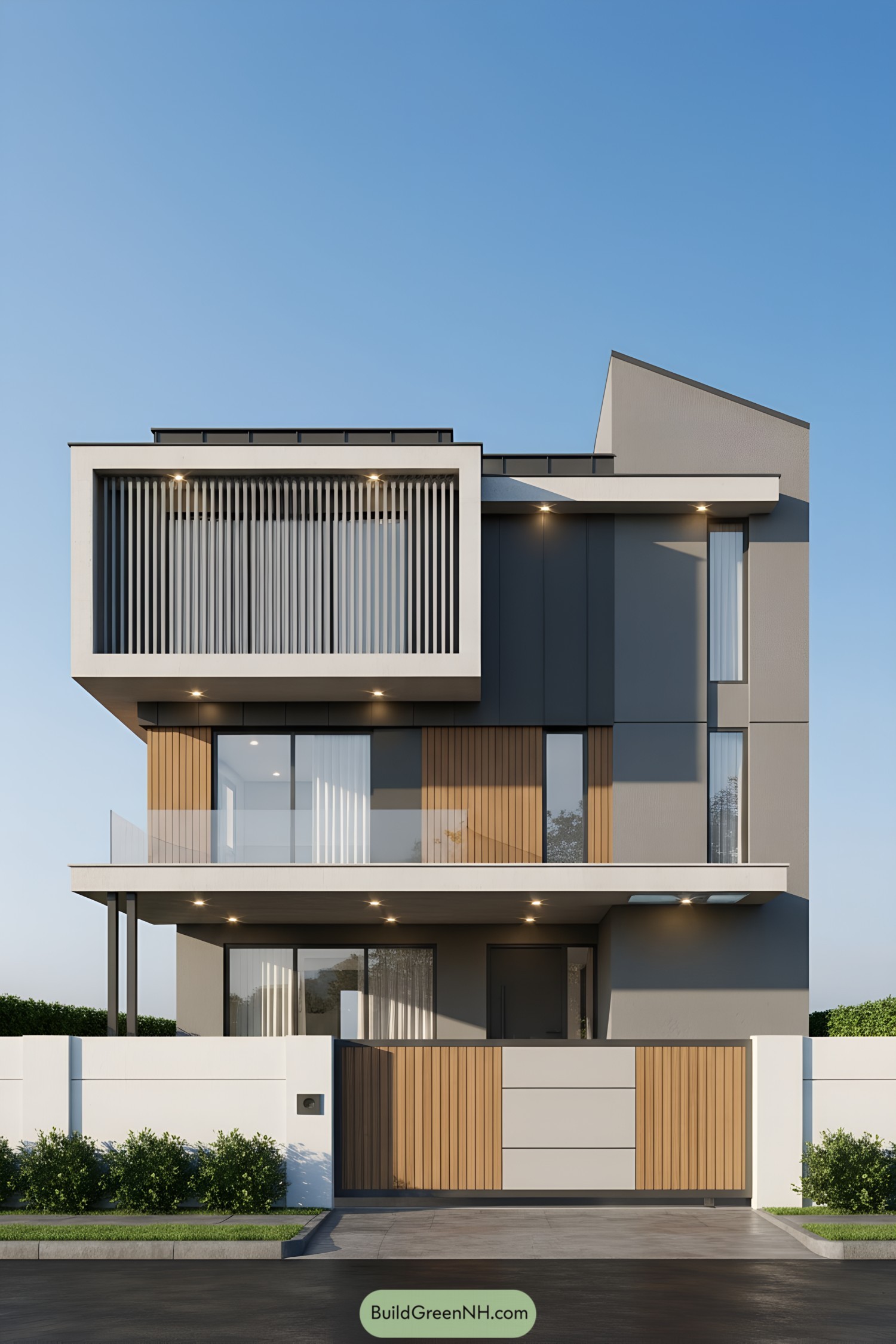 Modern house facade with vertical slatted grill and wood-accented panels