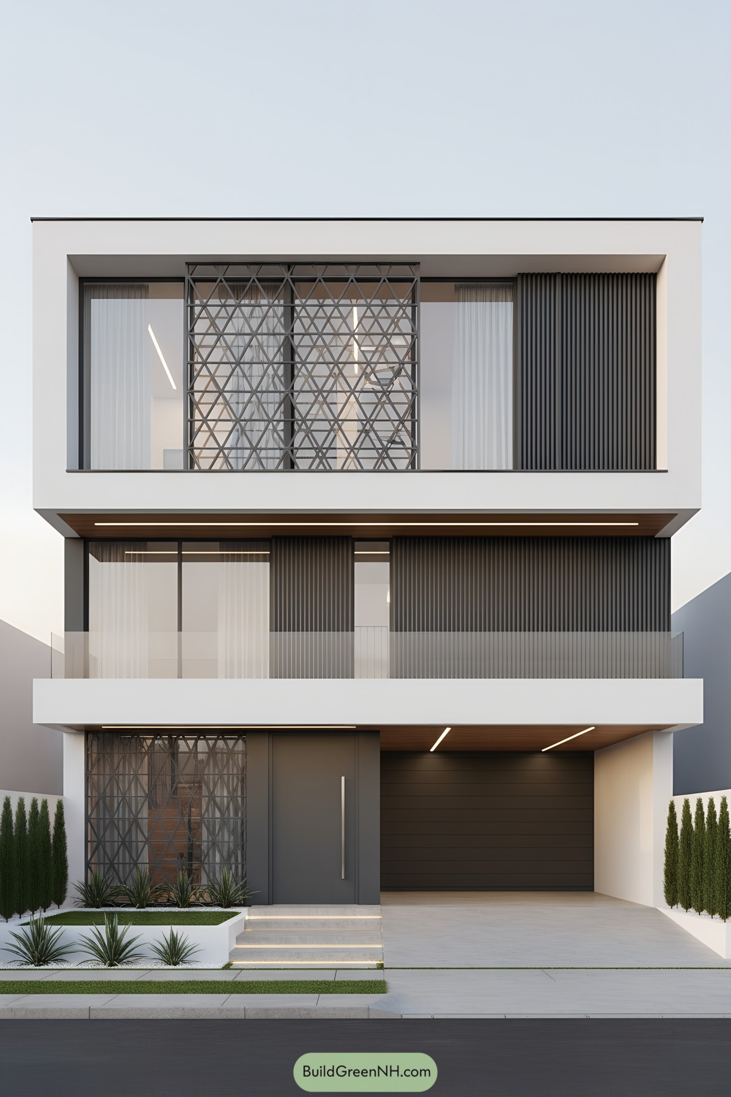 Modern house with crisscross metal grill panels