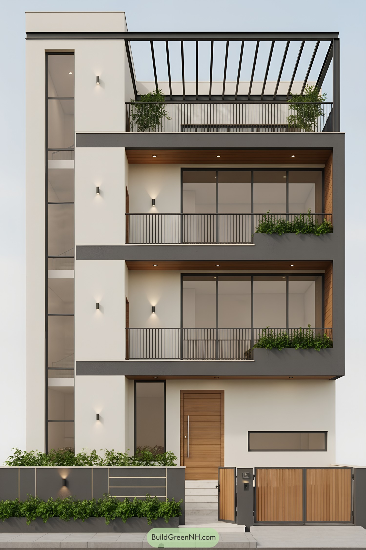 Modern multi-level home with slim metal balcony grills and pergola roof accents