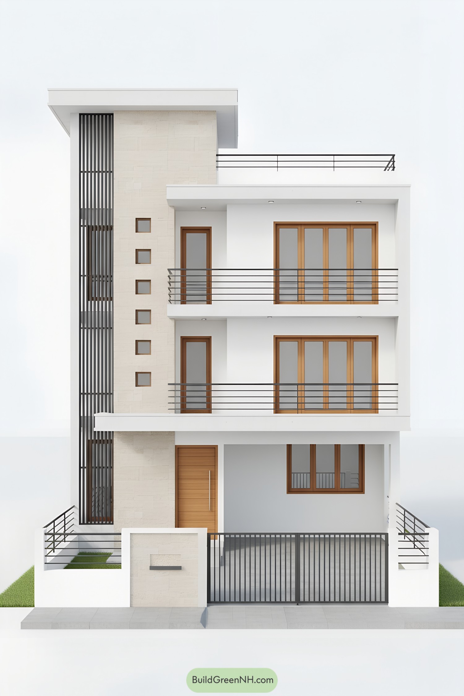 Minimalist white facade with black linear grills and warm wood-framed doors