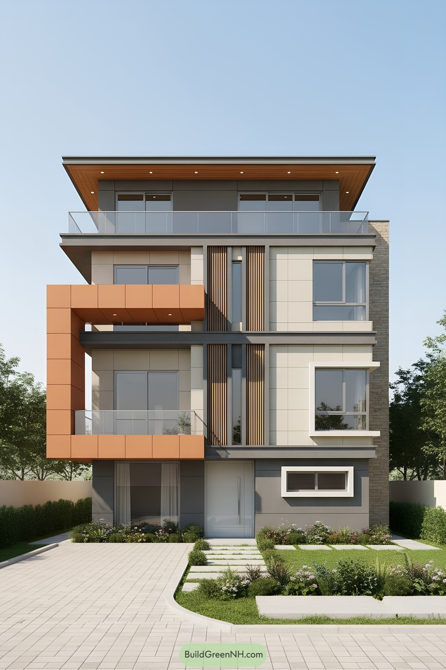 Modern facade with orange L-shaped frame, vertical wood slats, and glass-railed balconies