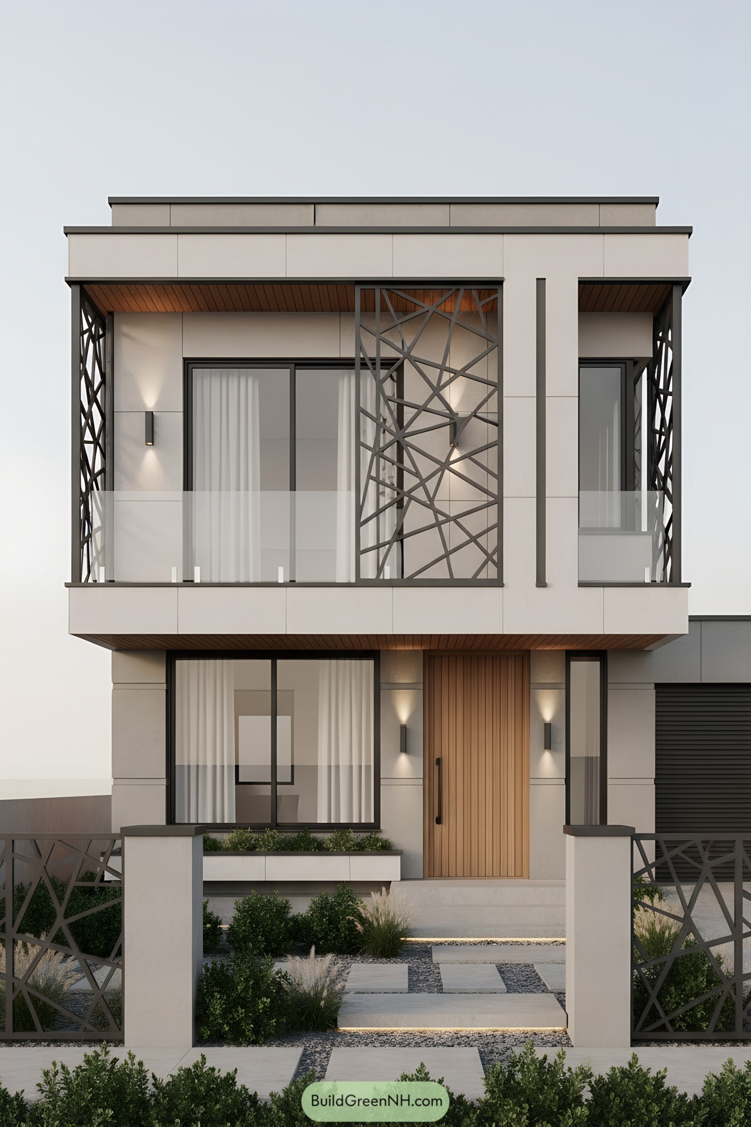 Modern two-story facade with geometric metal grills