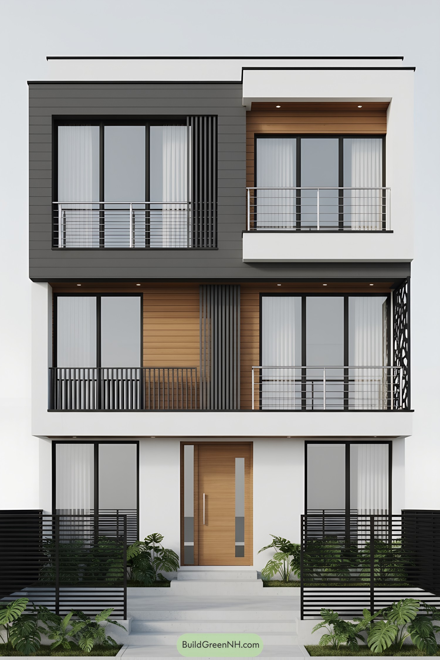 Modern three-story facade with mixed grill patterns