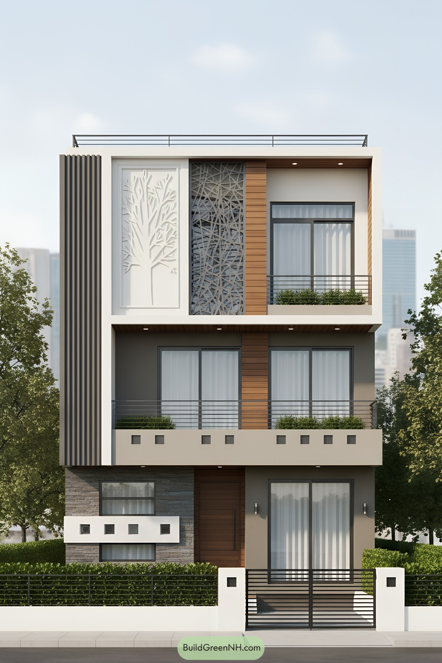 Modern house facade with tree panel and lattice grill