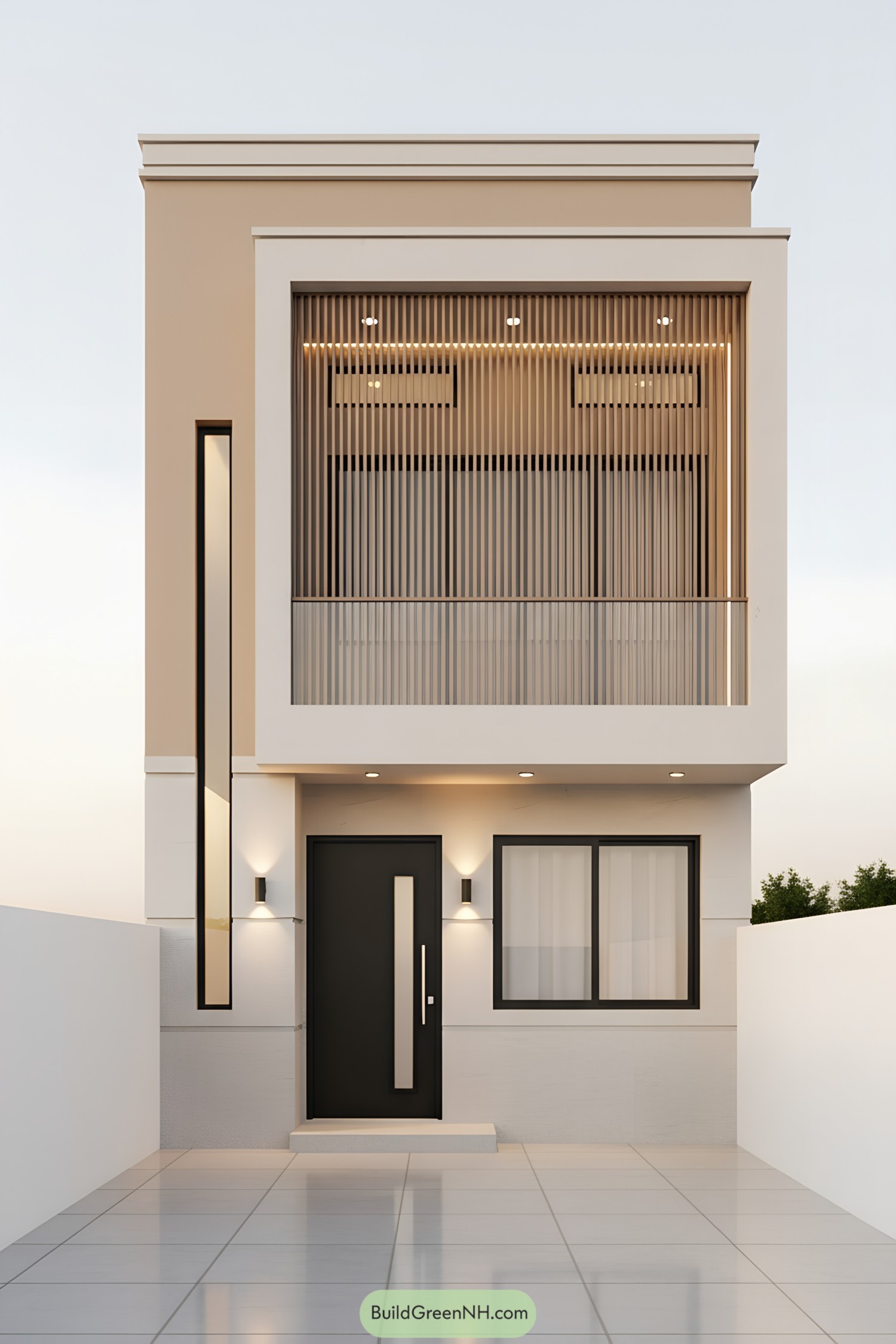 Modern house facade with vertical slat balcony and recessed lighting