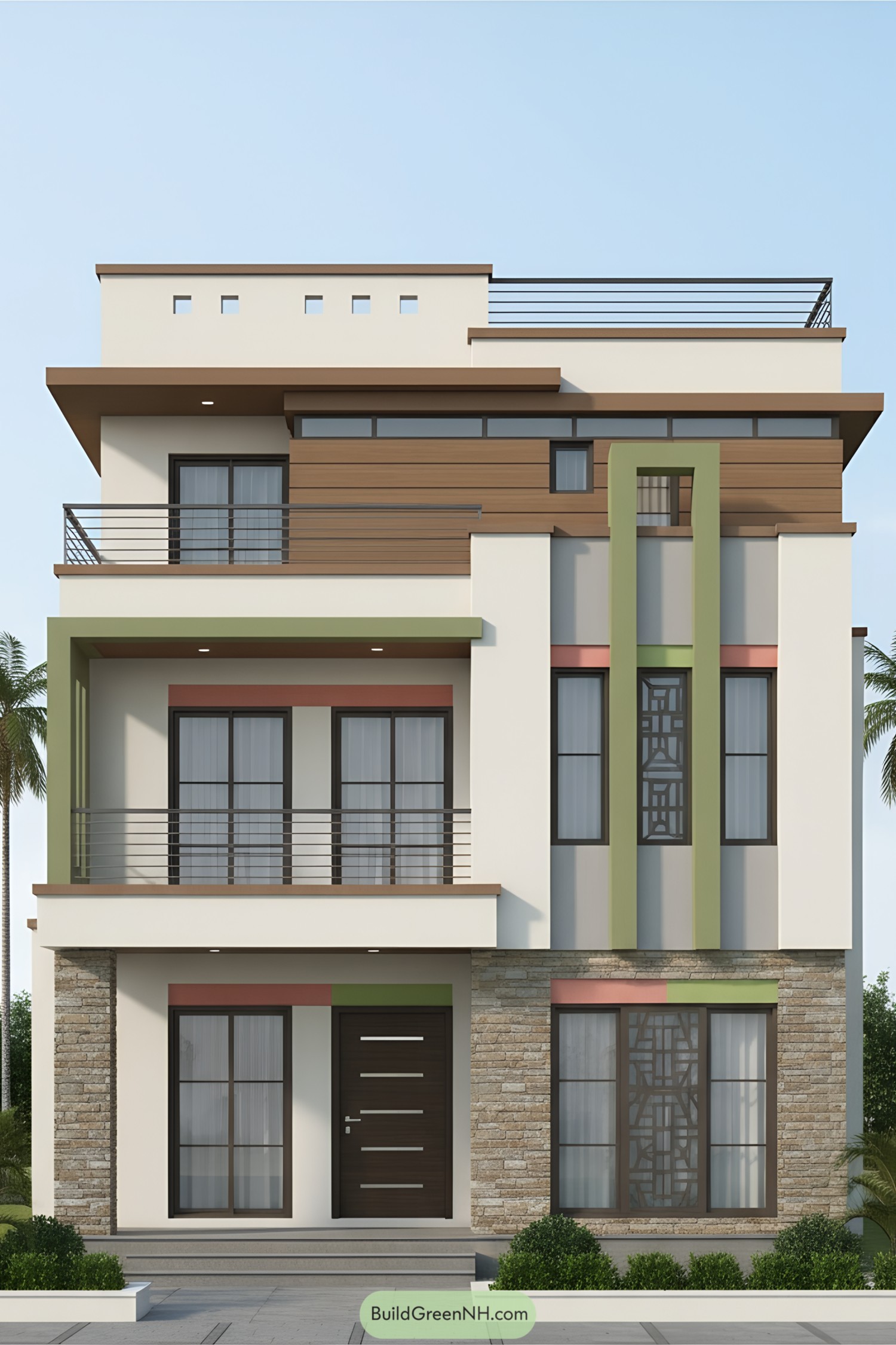 Modern three-story house with metal balcony grills, wood-toned cladding, and geometric window screens