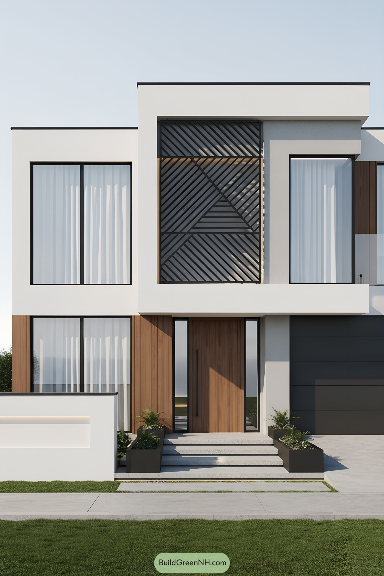 Modern house facade with diagonal metal grill