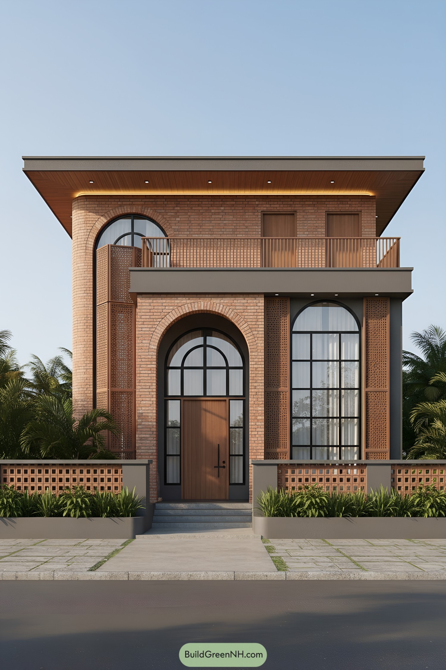Brick house with arched windows and wooden grills