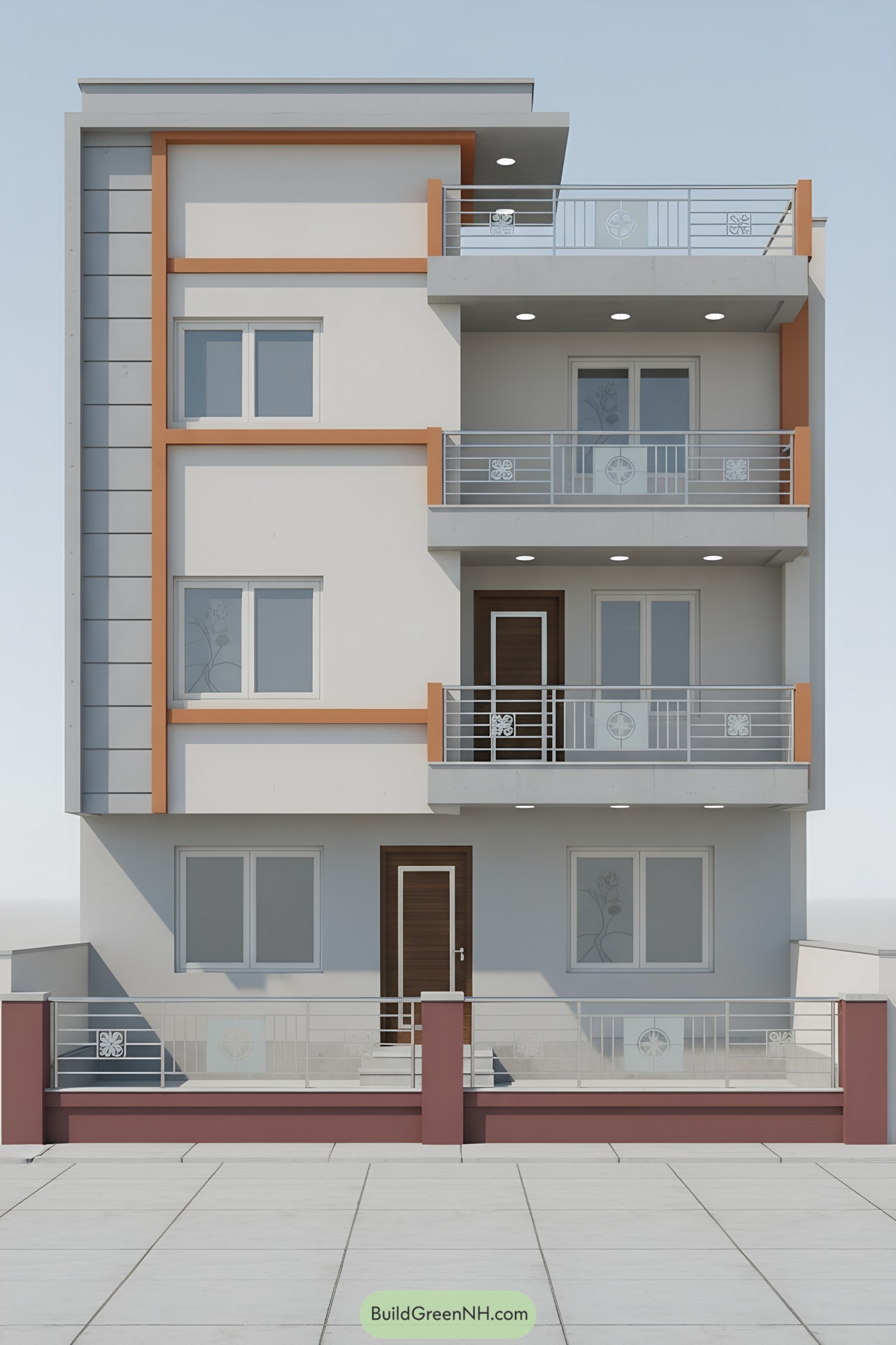 Modern three-story facade with silver grills