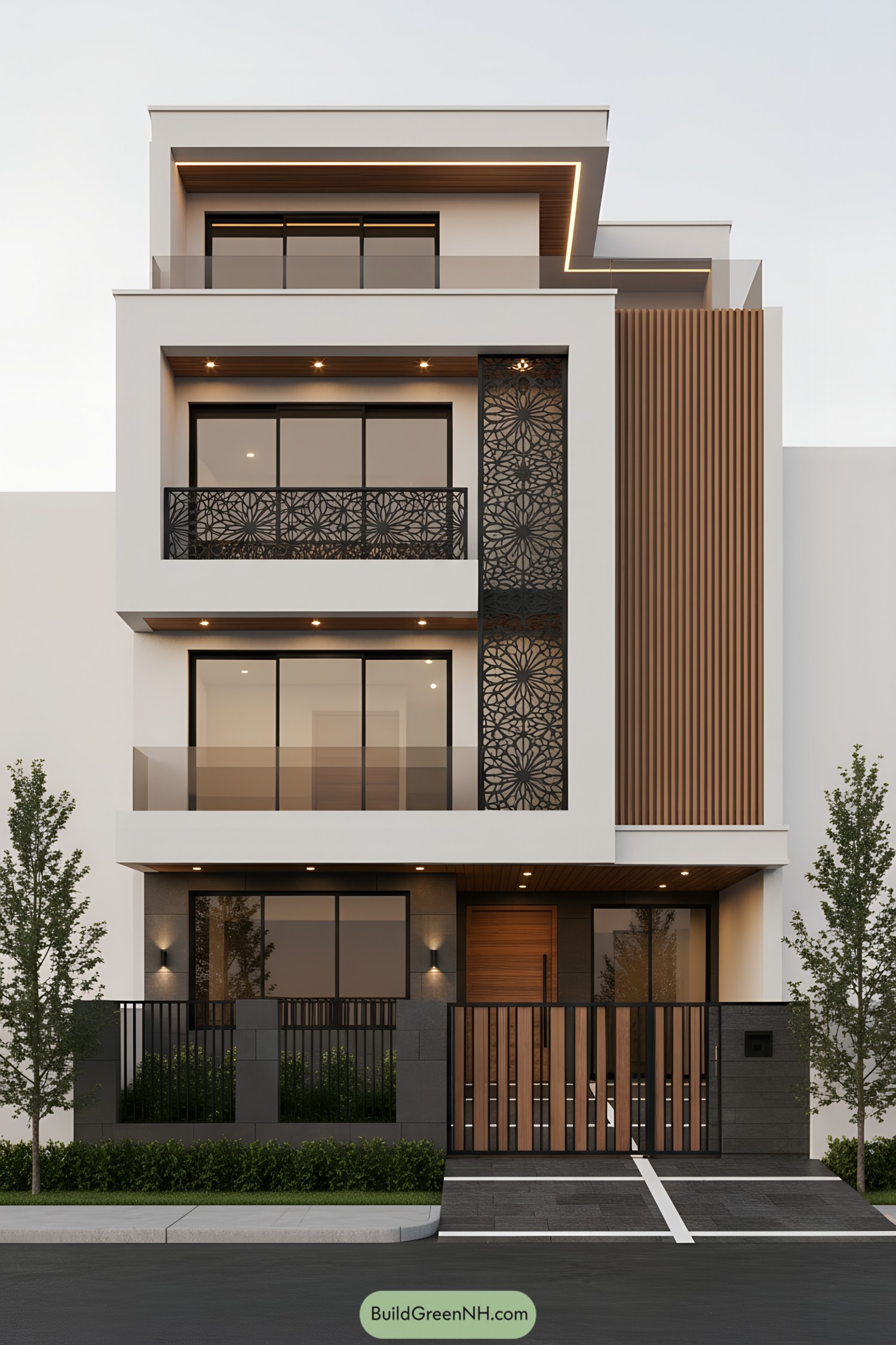 Modern house facade with floral-pattern metal grills, slatted wood panels, and sleek glass balconies
