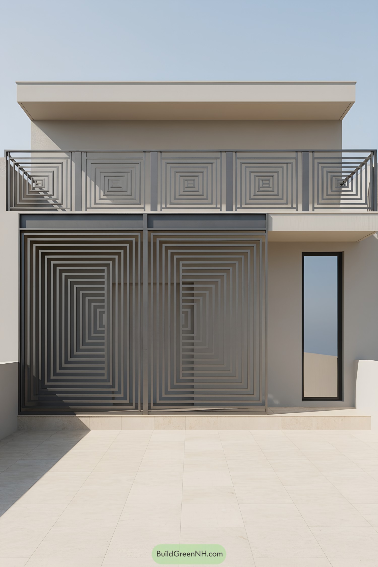 Modern house elevation with concentric square metal grills