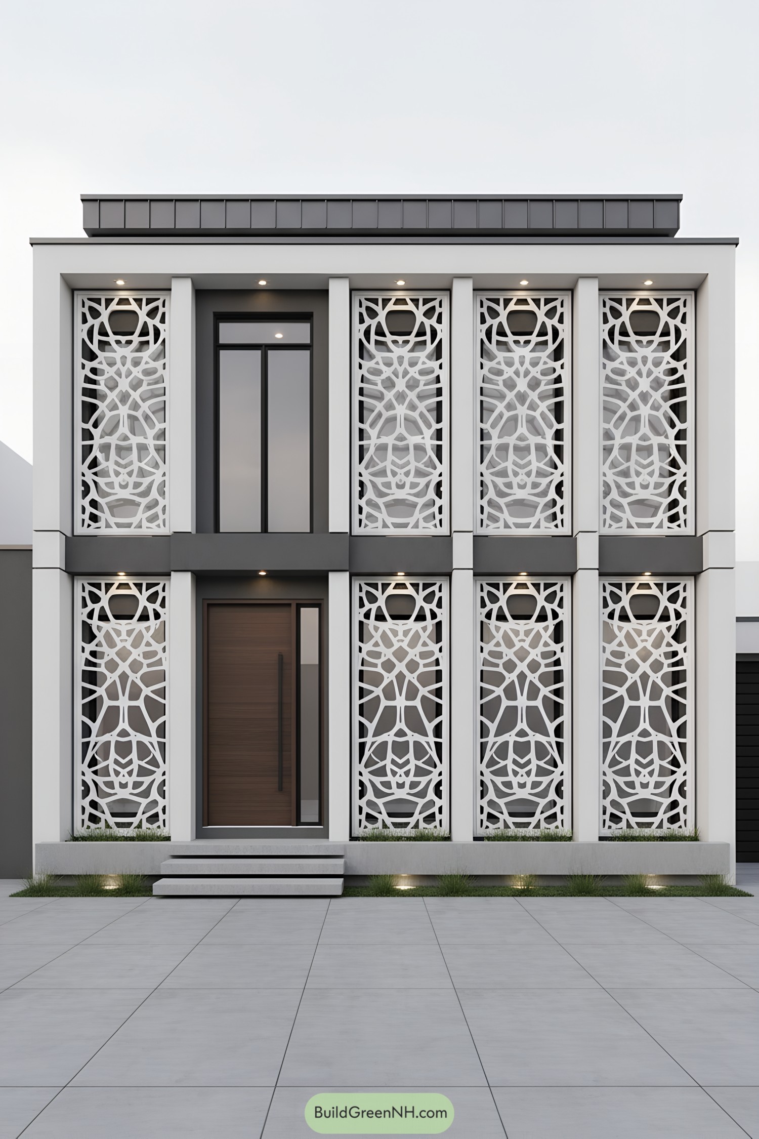 Modern house with white lattice grill panels