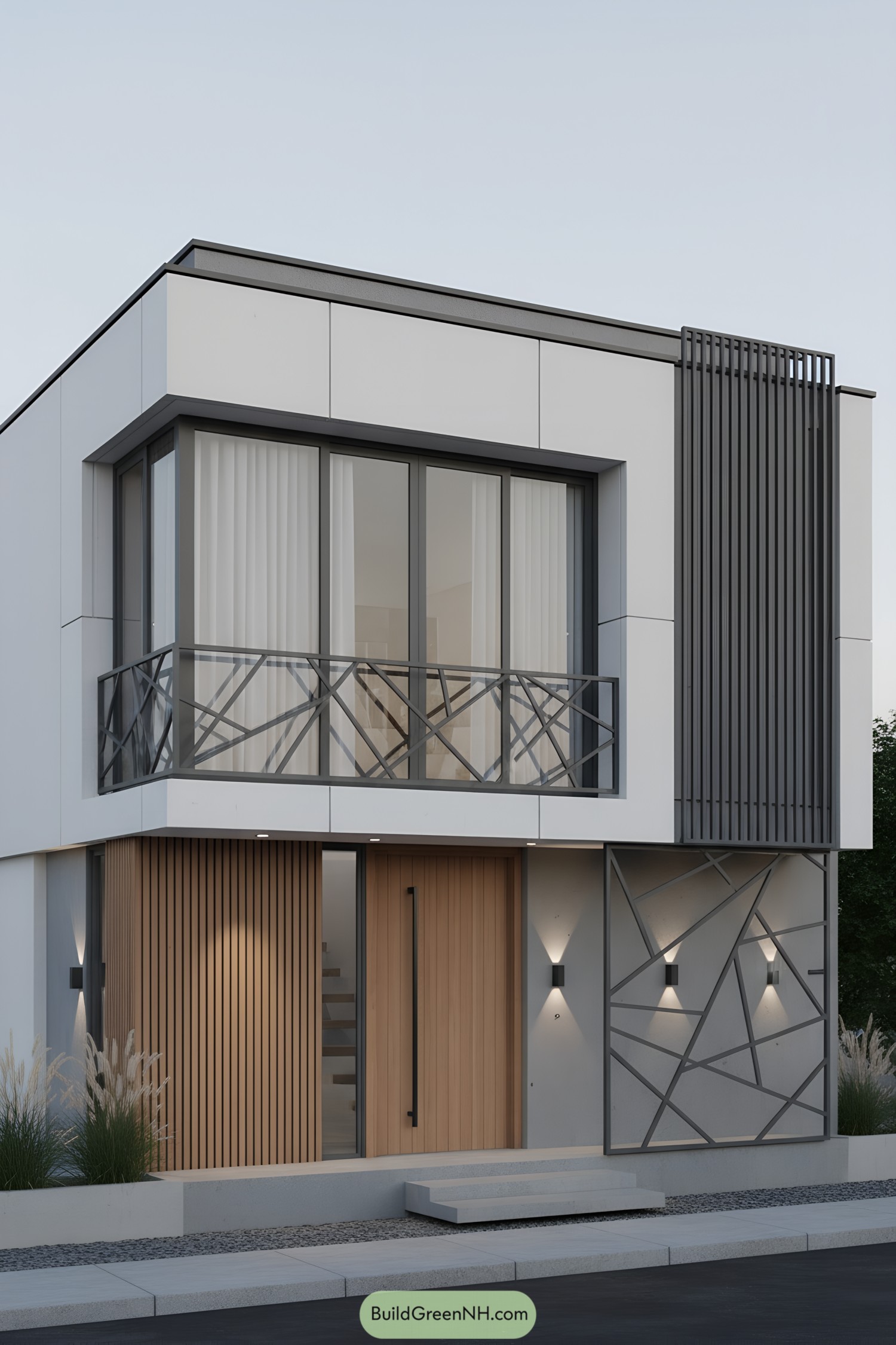 Modern house with angular metal balcony grill and matching facade screen