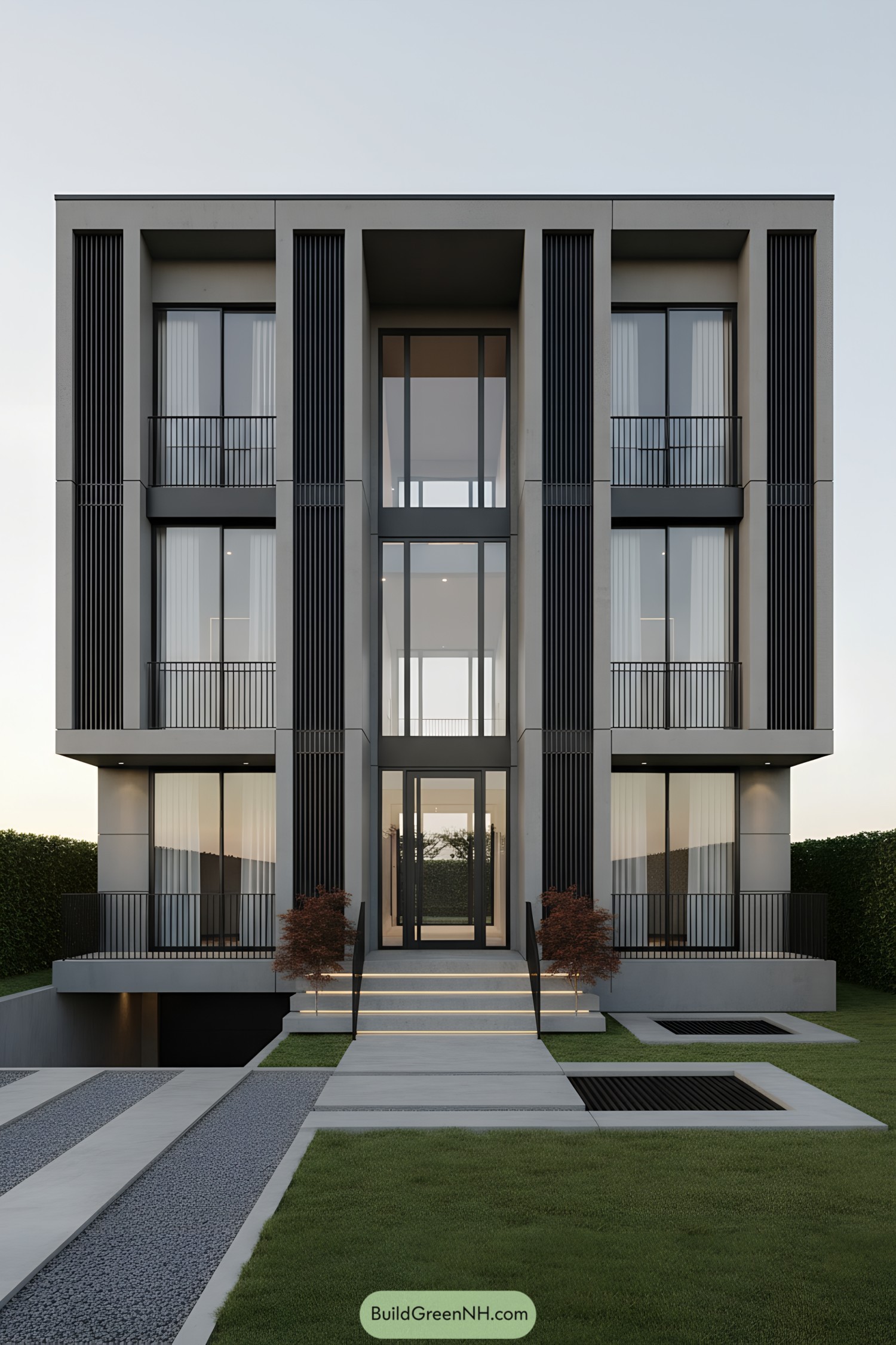 Modern townhouse facade with vertical grill columns, recessed balconies, and central glazed entry