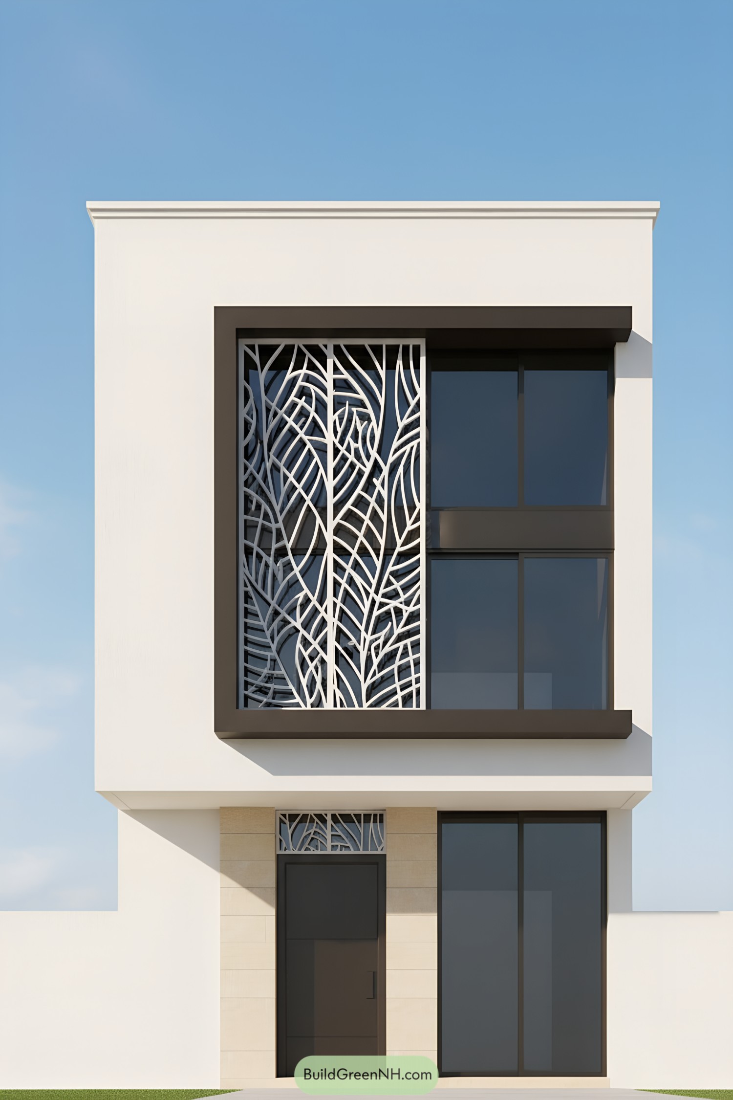 White leaf-pattern metal balcony screen on modern facade with dark frames