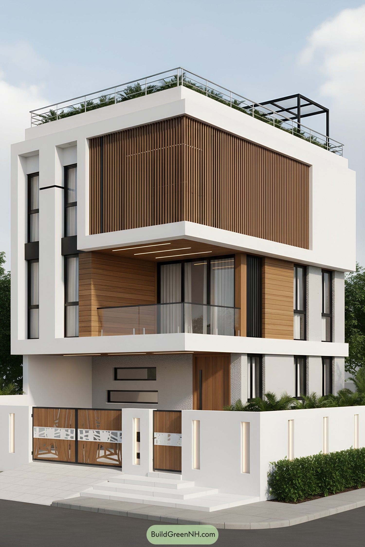 Modern house with vertical wooden grill panels and glass balcony rail