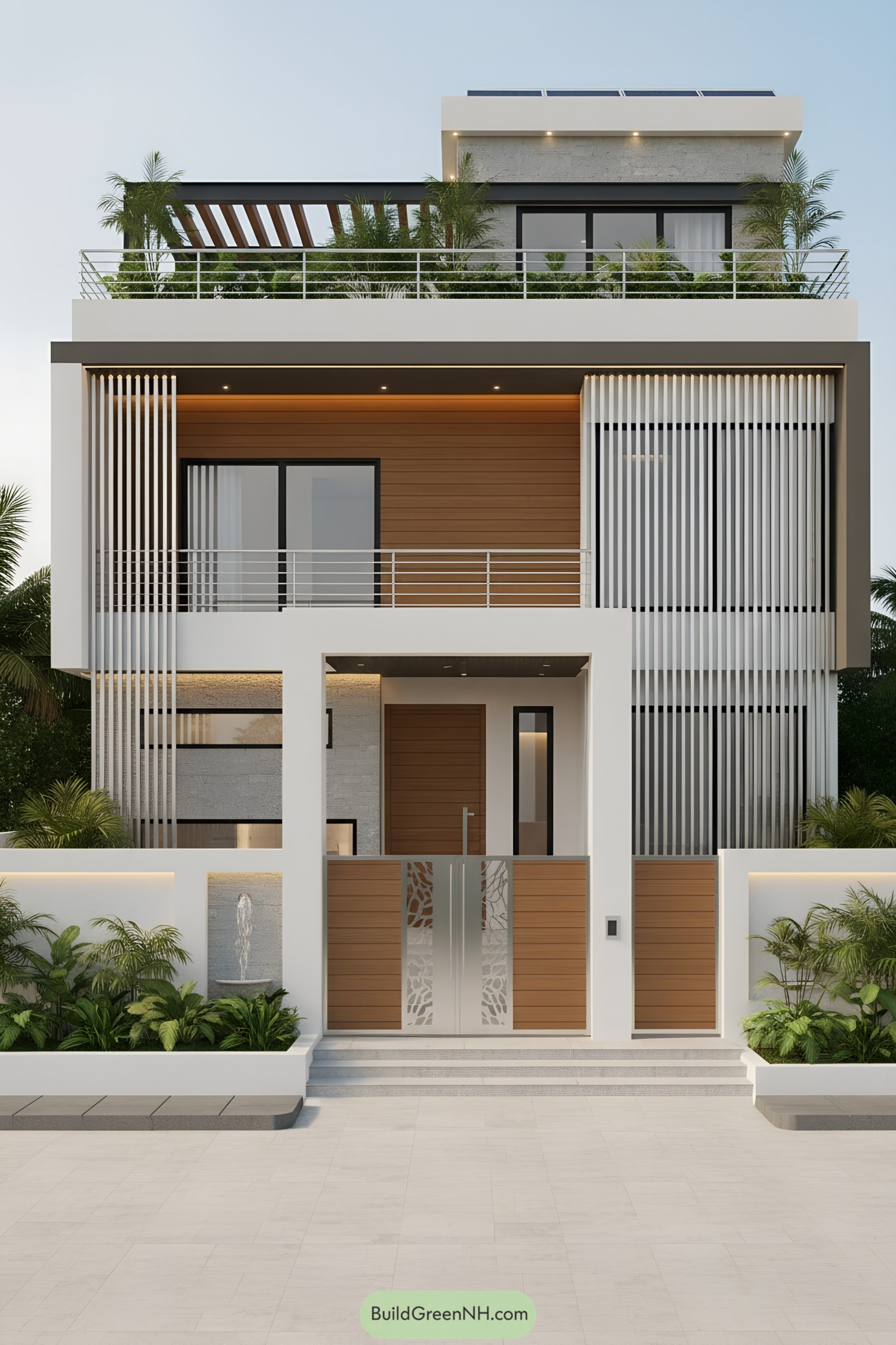 Modern house with vertical slat grills and wood-accent panels