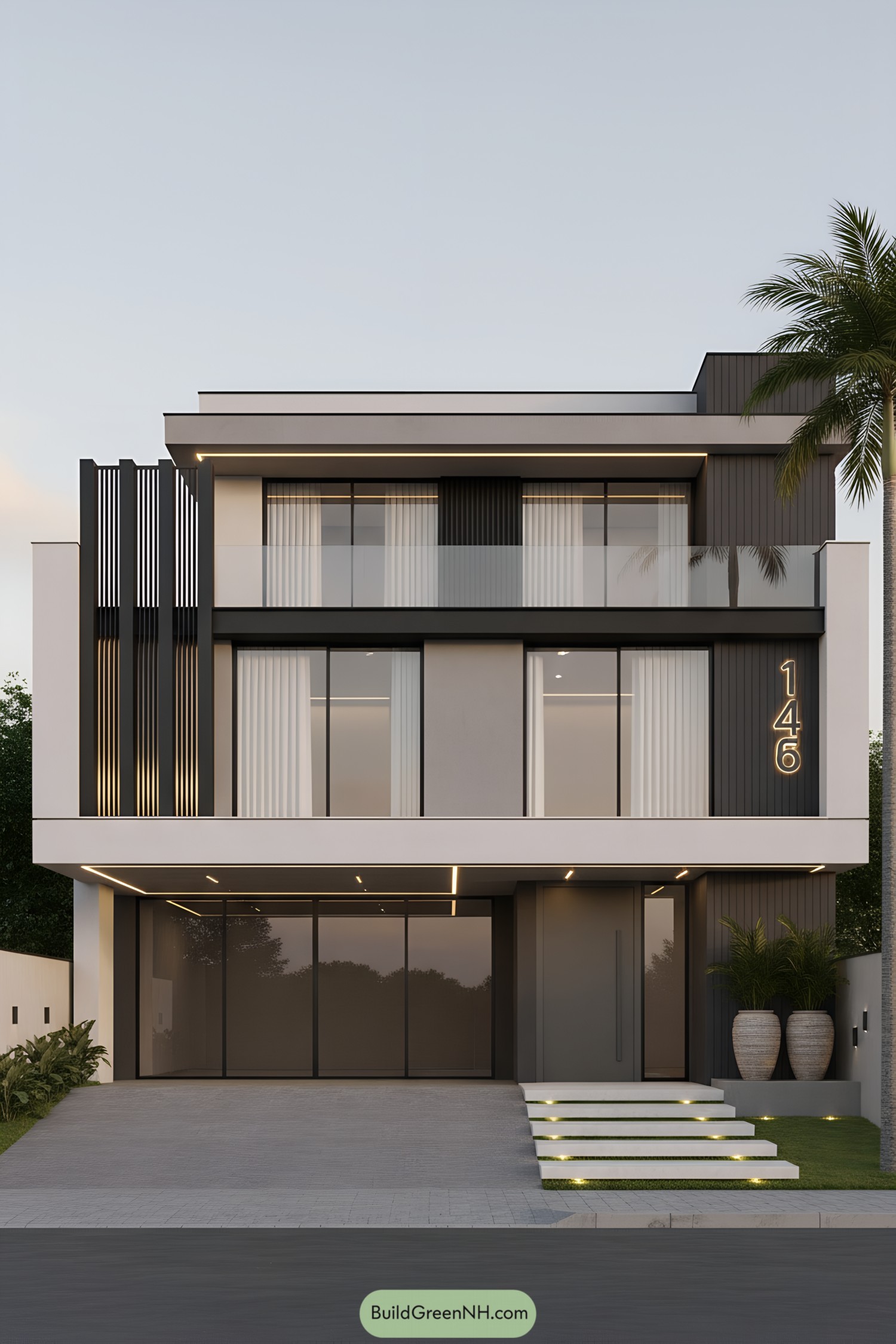 Modern three-story facade with vertical black grill accents, glass rail, and soft LED reveals