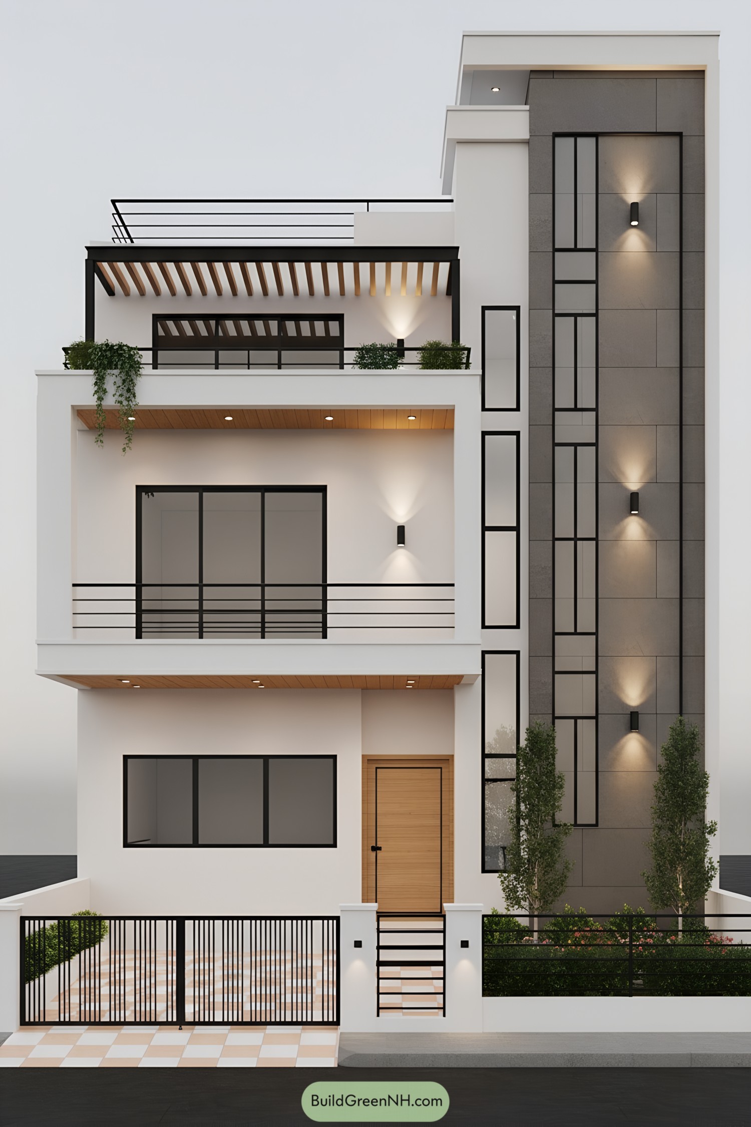 Modern white facade with black metal balcony grills and vertical accent lighting