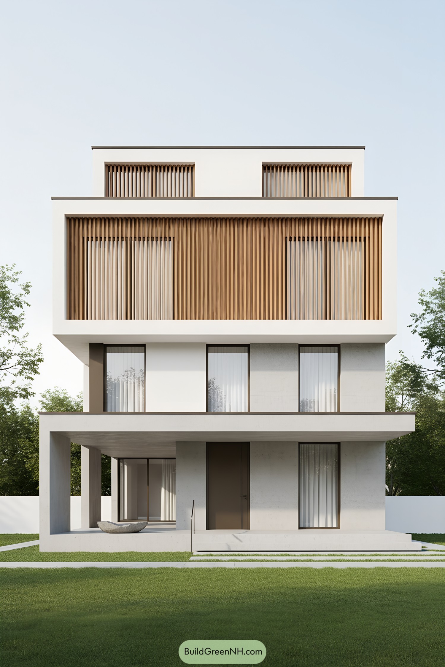 Modern three-story house with vertical timber slat grills and crisp white frames