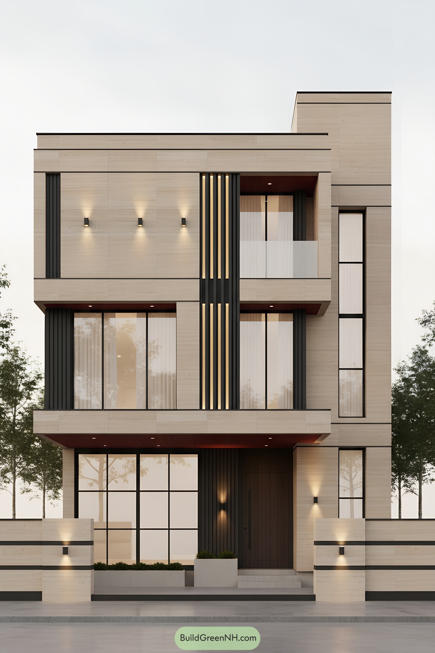 Modern house elevation with vertical grill and warm lighting