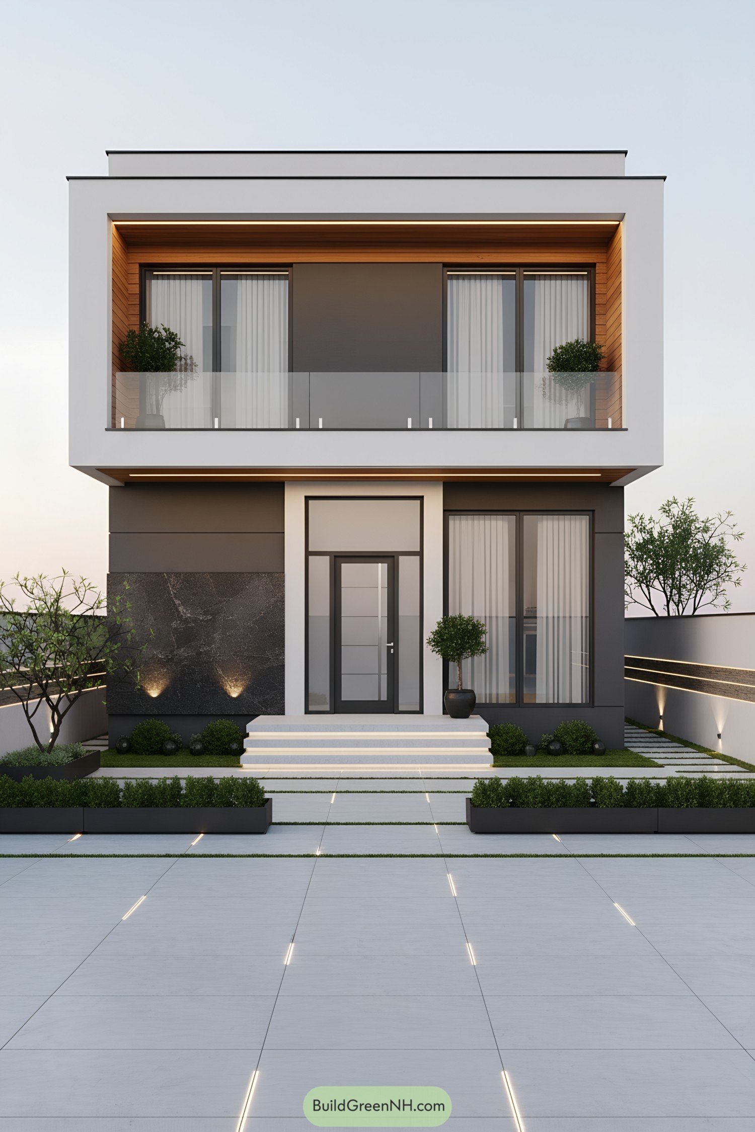 Two-story modern facade with white frames, charcoal panels, and a recessed wood-lined balcony