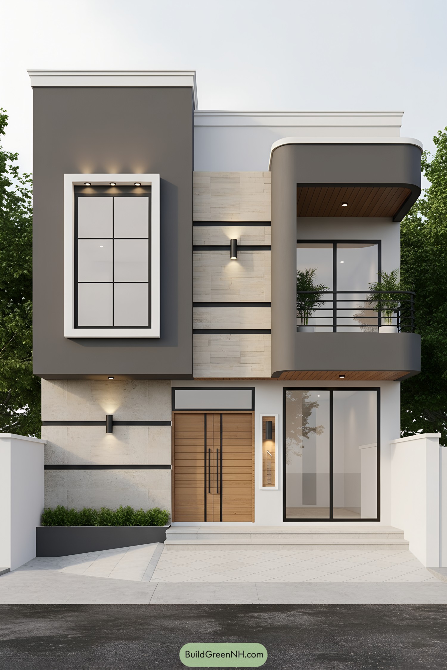 Two-story modern facade with curved balcony, wood door, and layered stone and charcoal panels