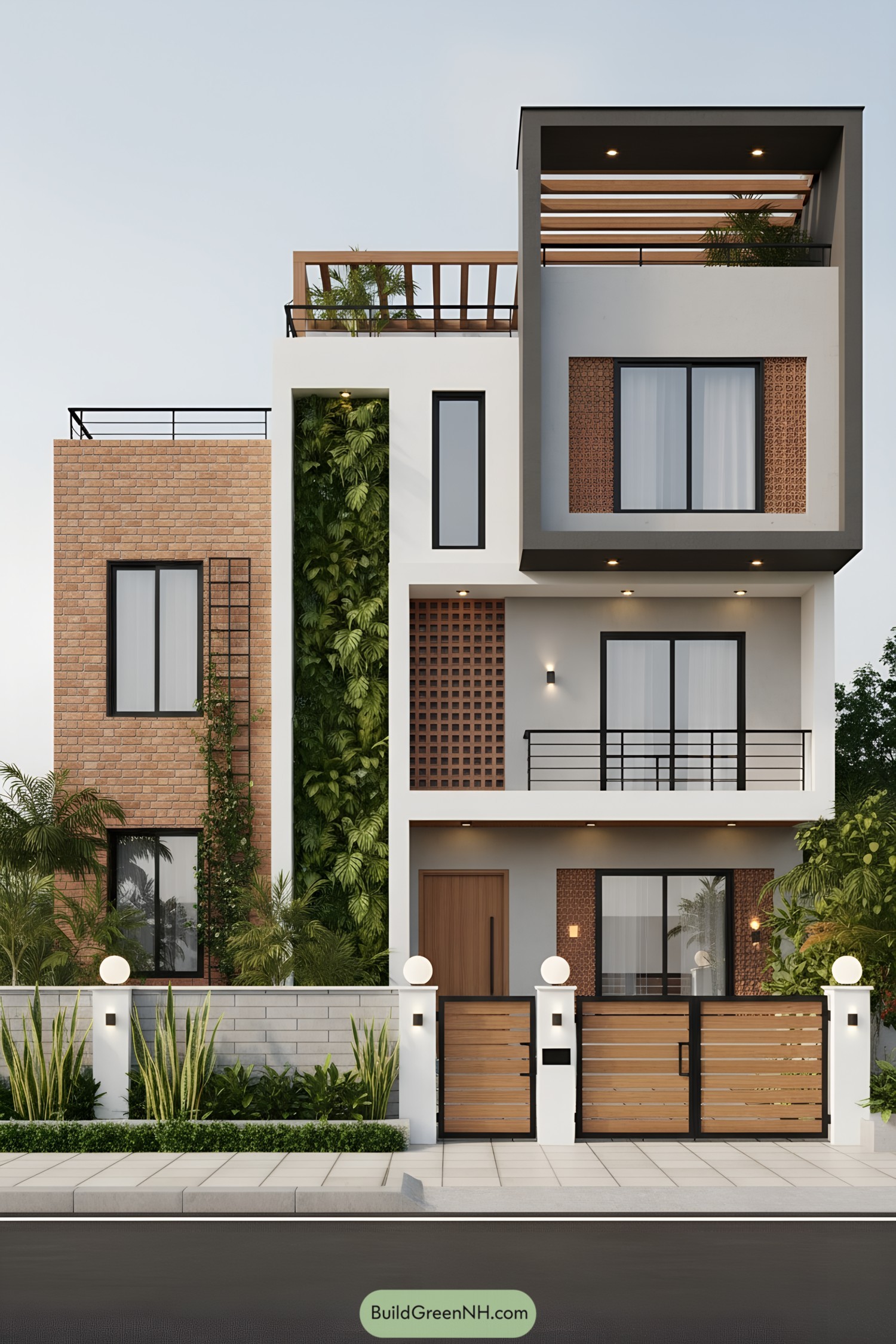 Modern house facade with brick, white frames, vertical green wall, and timber-accented terraces