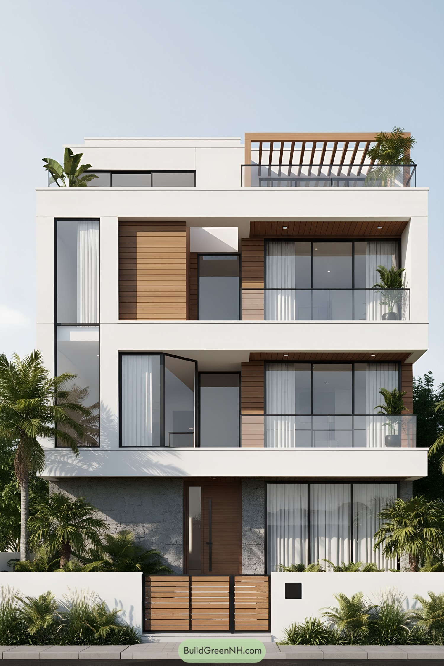 Modern three-story facade with white frames, warm timber cladding, large glass, and a pergola roof terrace
