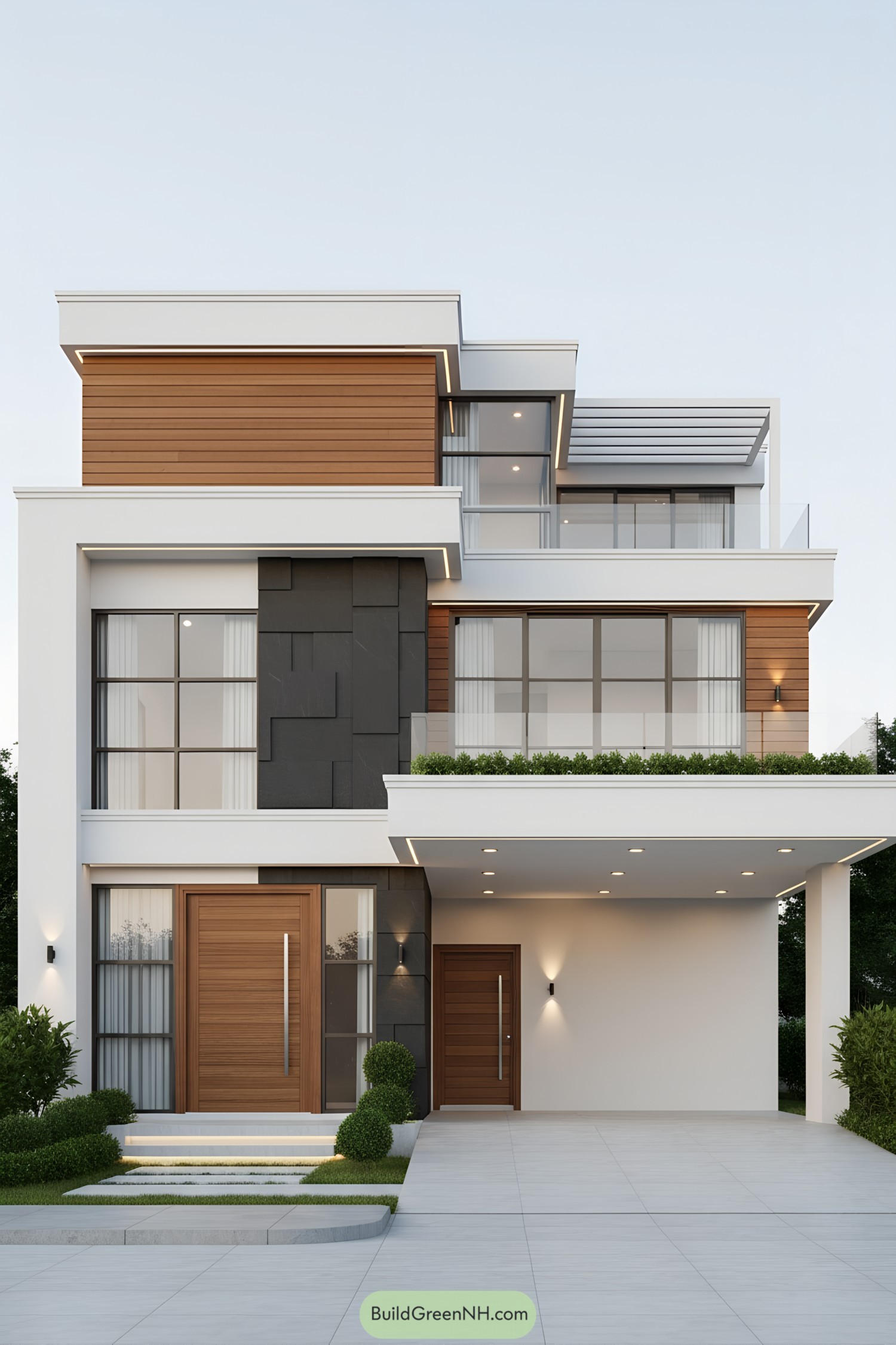 Modern house with white frames, wood cladding, dark stone panel, and glass railings