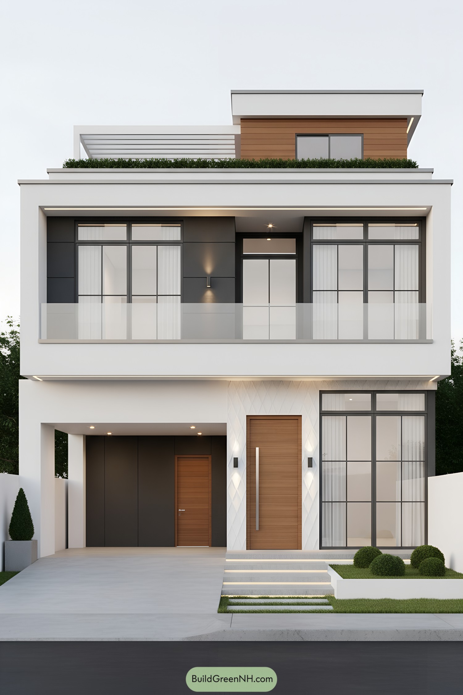Modern multi-story home with crisp lines and glass