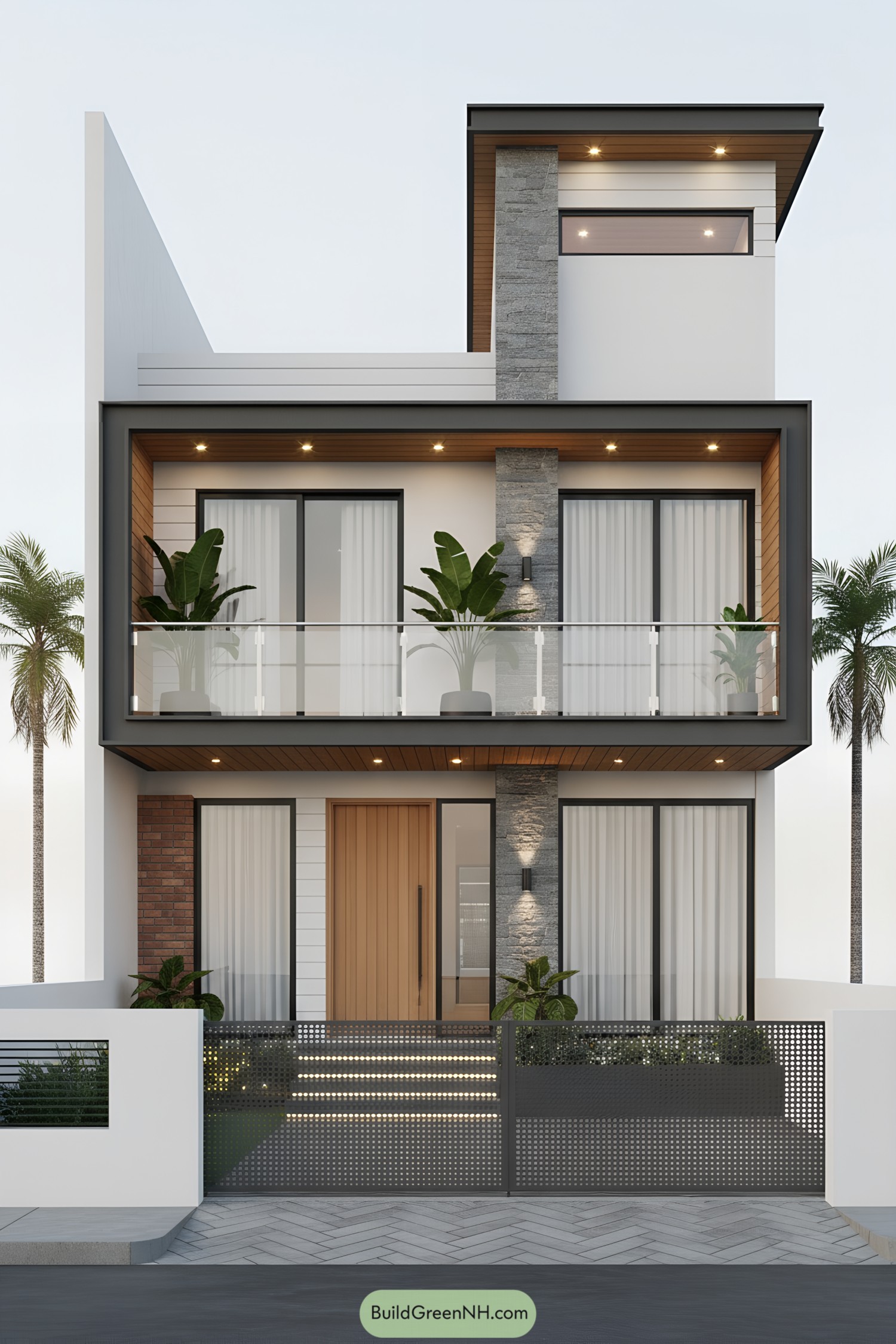 Modern multi-level facade with glass-railed balcony, stone spine, and warm wood accents