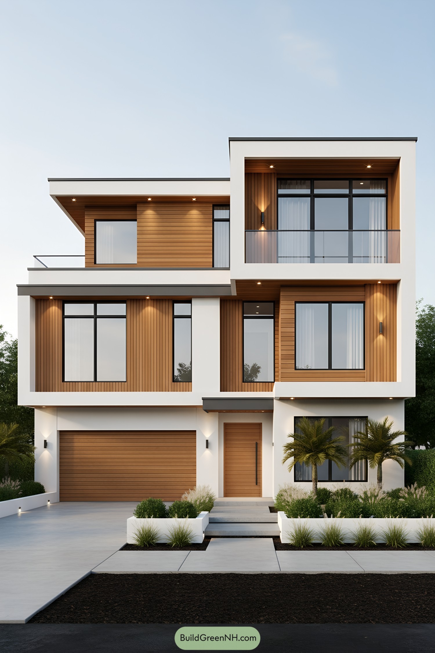 Modern three-story facade with white frames, cedar cladding, and large black-trimmed windows