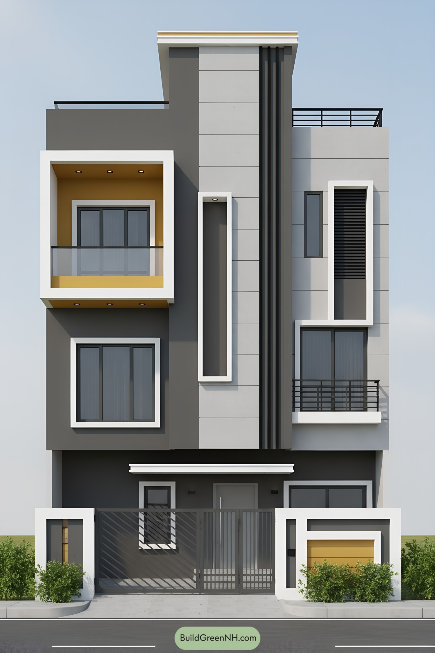 Modern townhouse facade with white frames, charcoal panels, and mustard niches