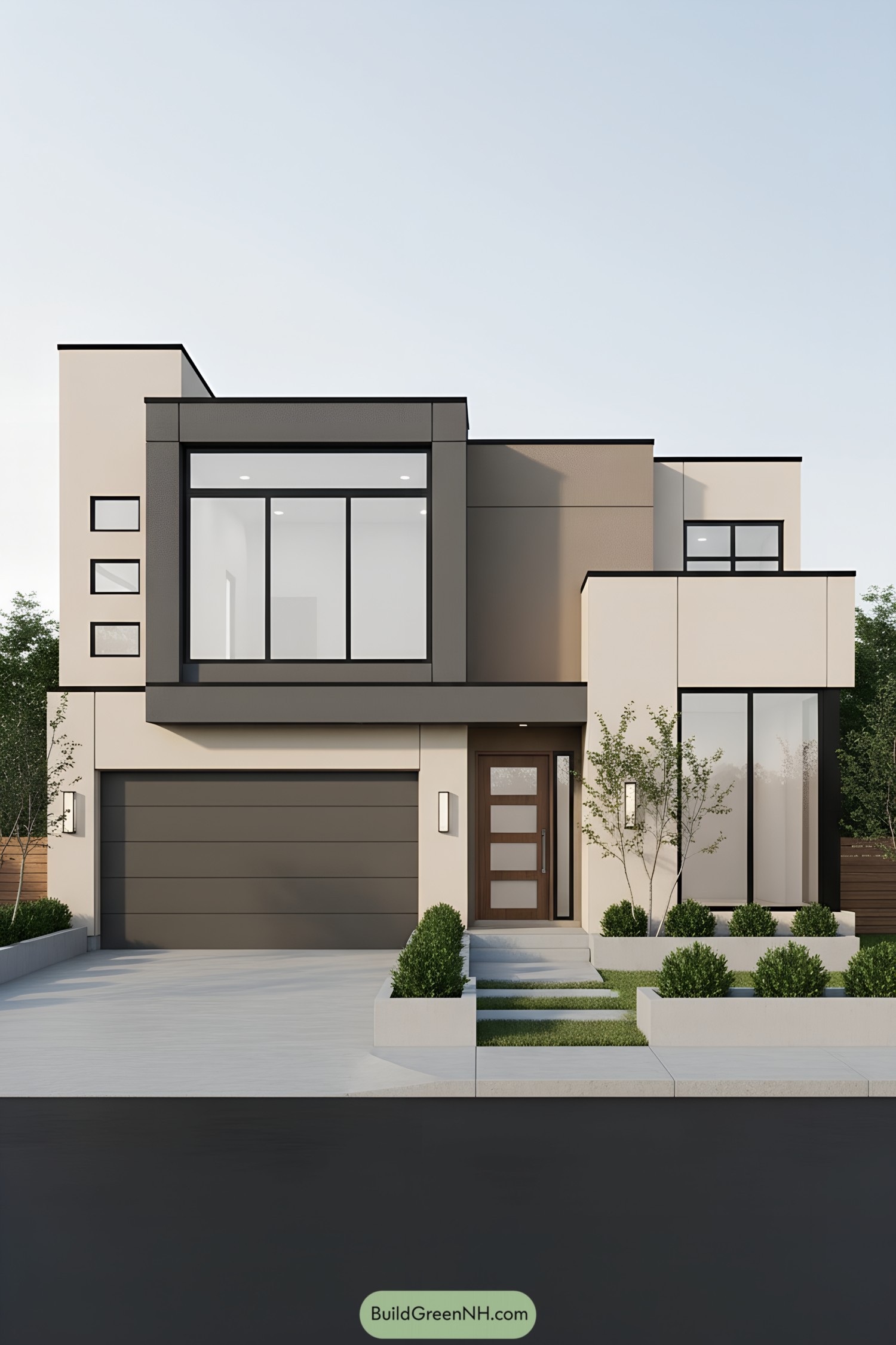 Modern flat-roof house with large black-framed windows and layered stucco volumes