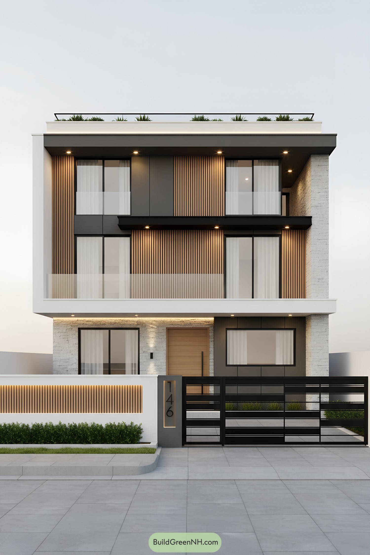 Modern three-story facade with wood slats, charcoal panels, and glass railings