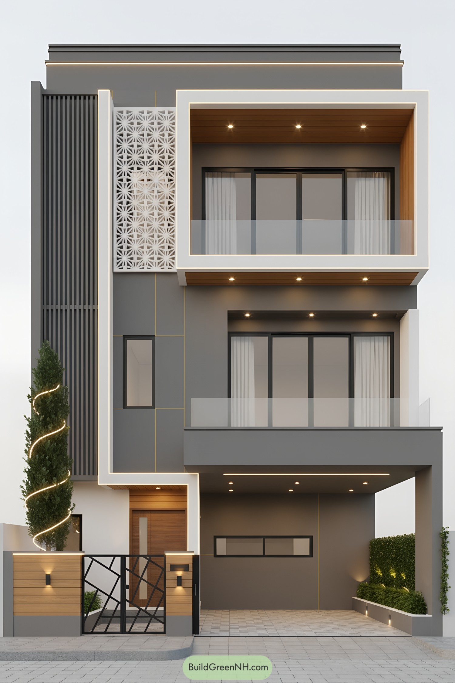 Modern gray facade with boxy balconies, perforated screen, and warm wood accents