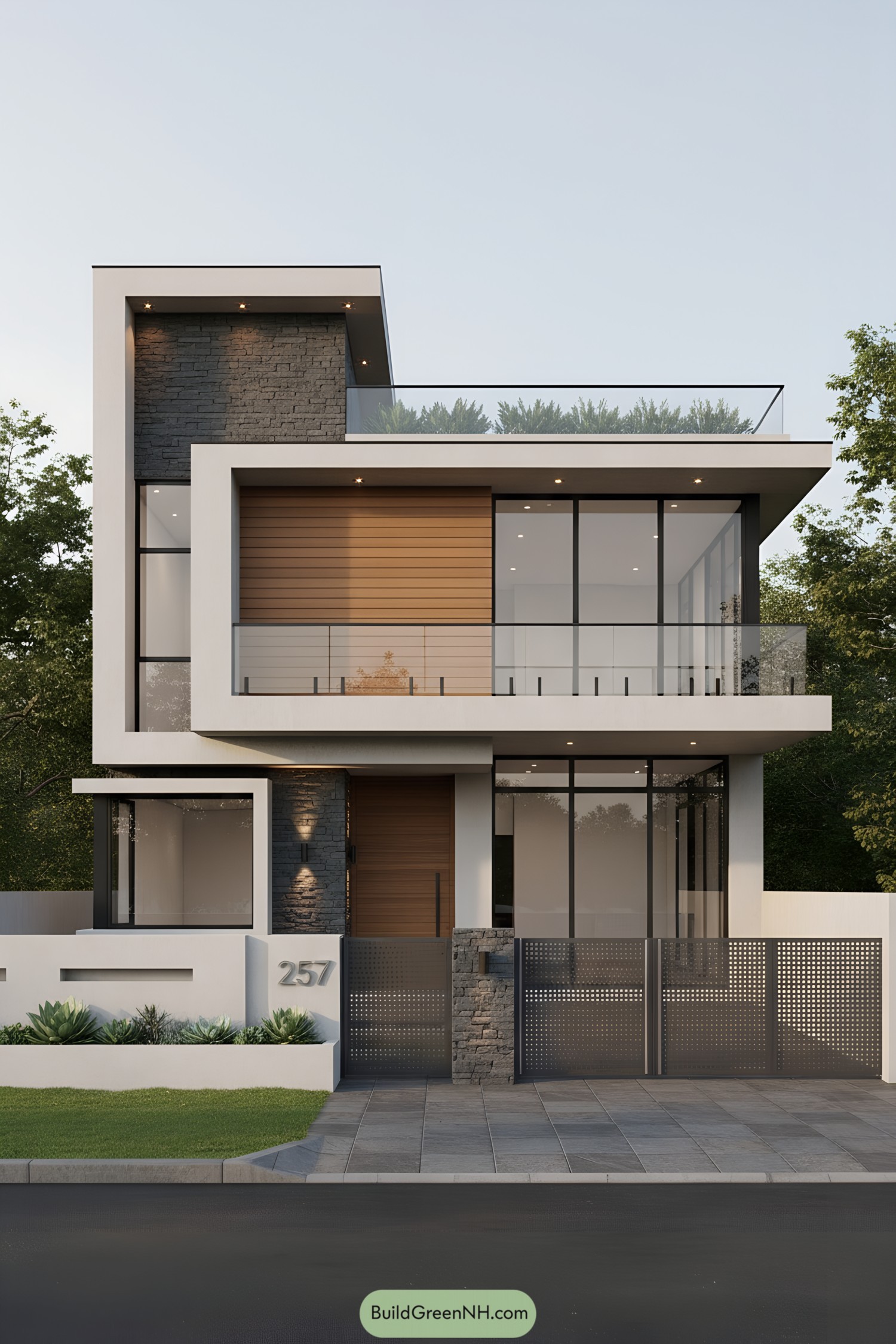 Modern cubic house with glass railings, stone cladding, and warm timber panels on a tiered facade