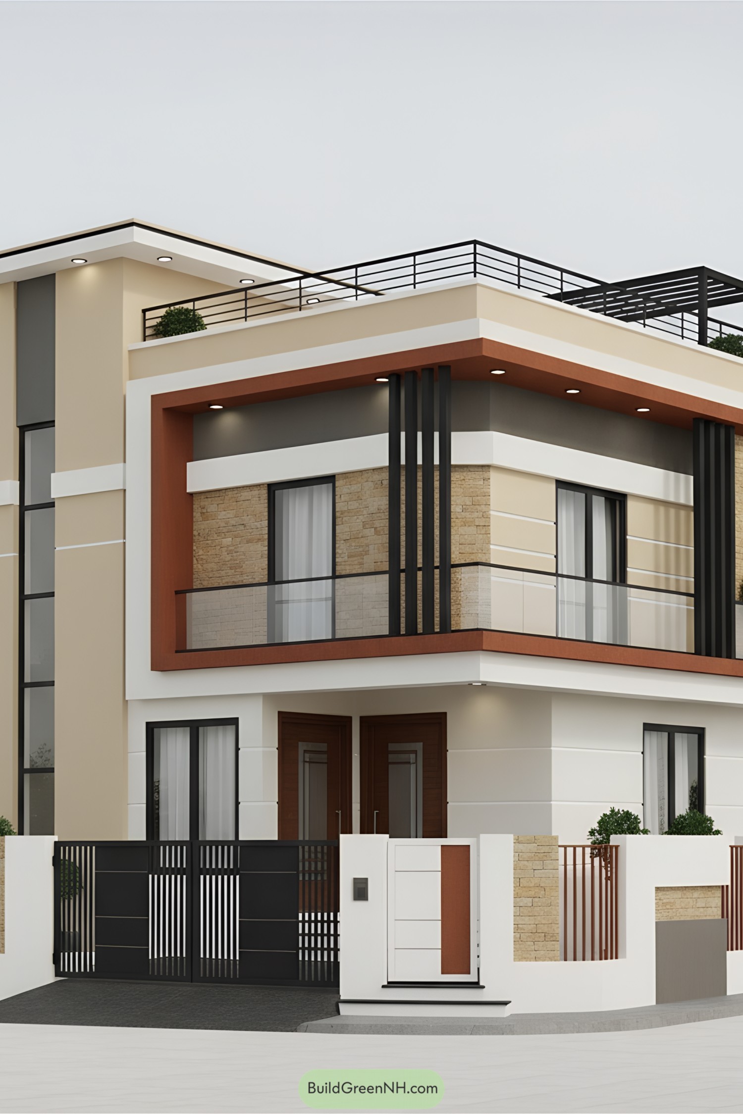 Modern corner house with terracotta-framed balcony, layered cladding, and black railings