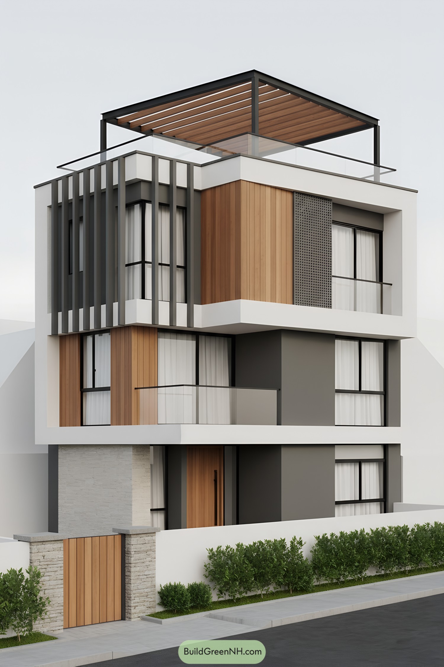 Modern three-story facade with wood, glass, and metal accents