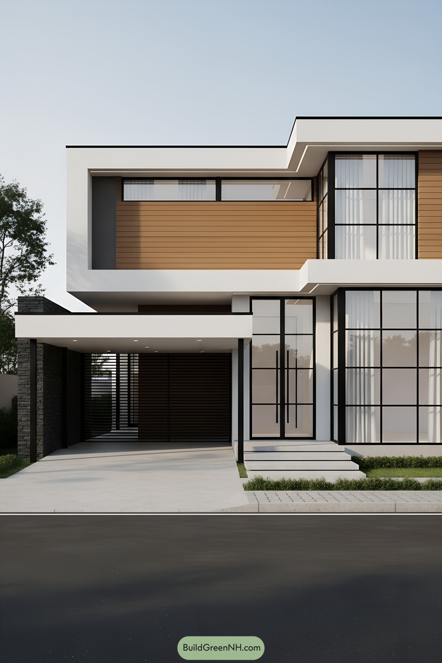 Modern two-story facade with wood cladding and large black-framed glass