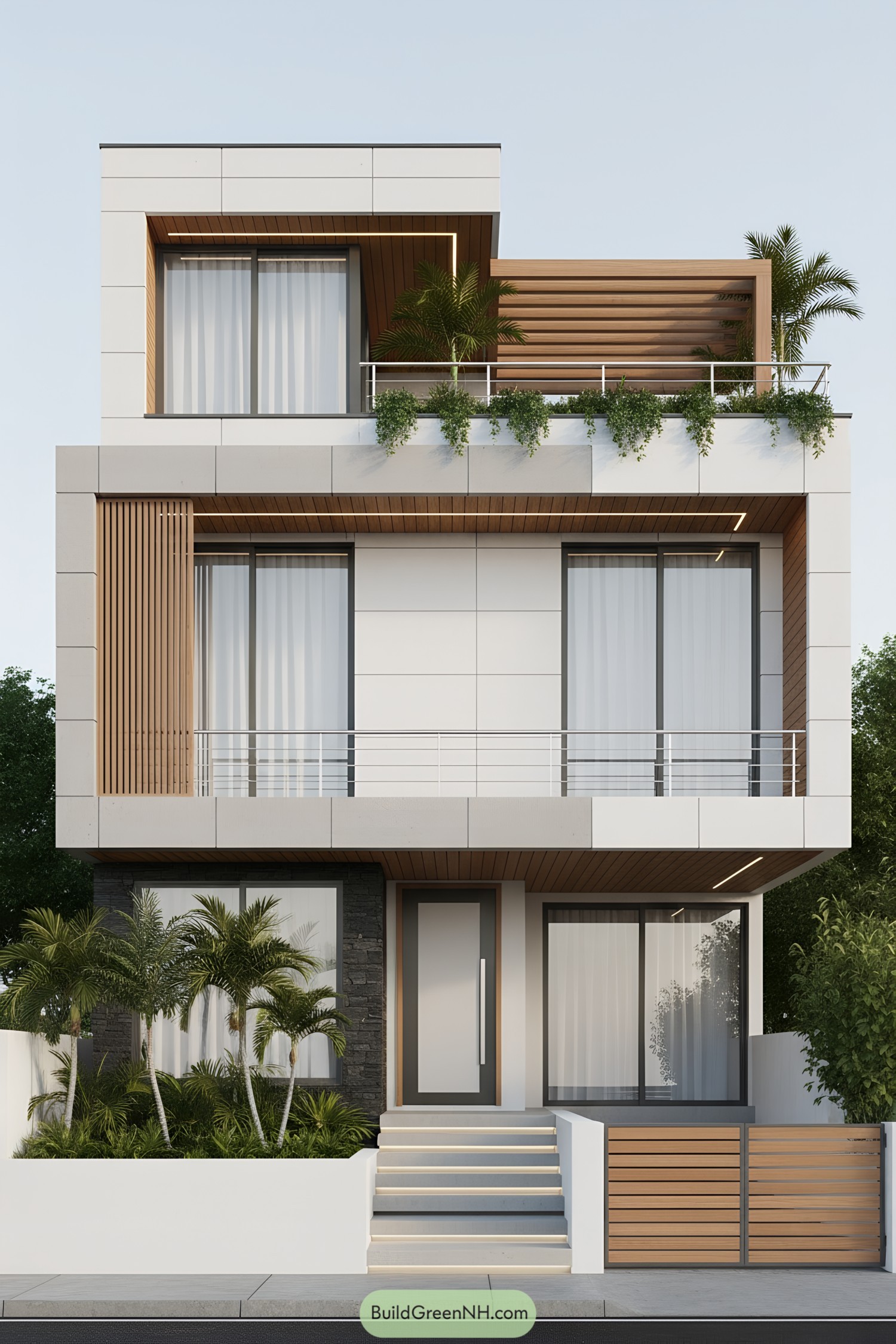 Modern cubic facade with wood slats, glass, and greenery