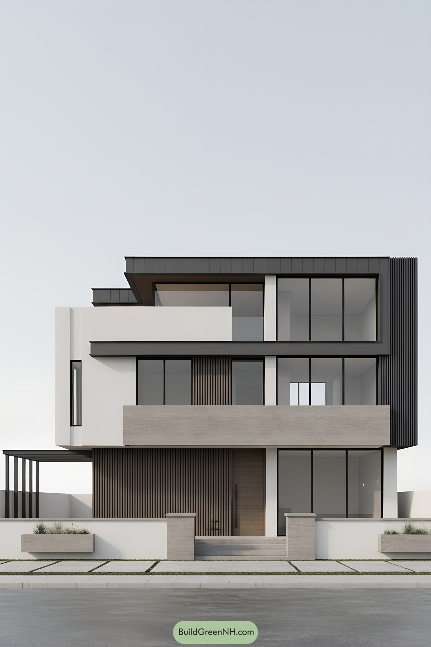 Modern three-story facade with layered volumes