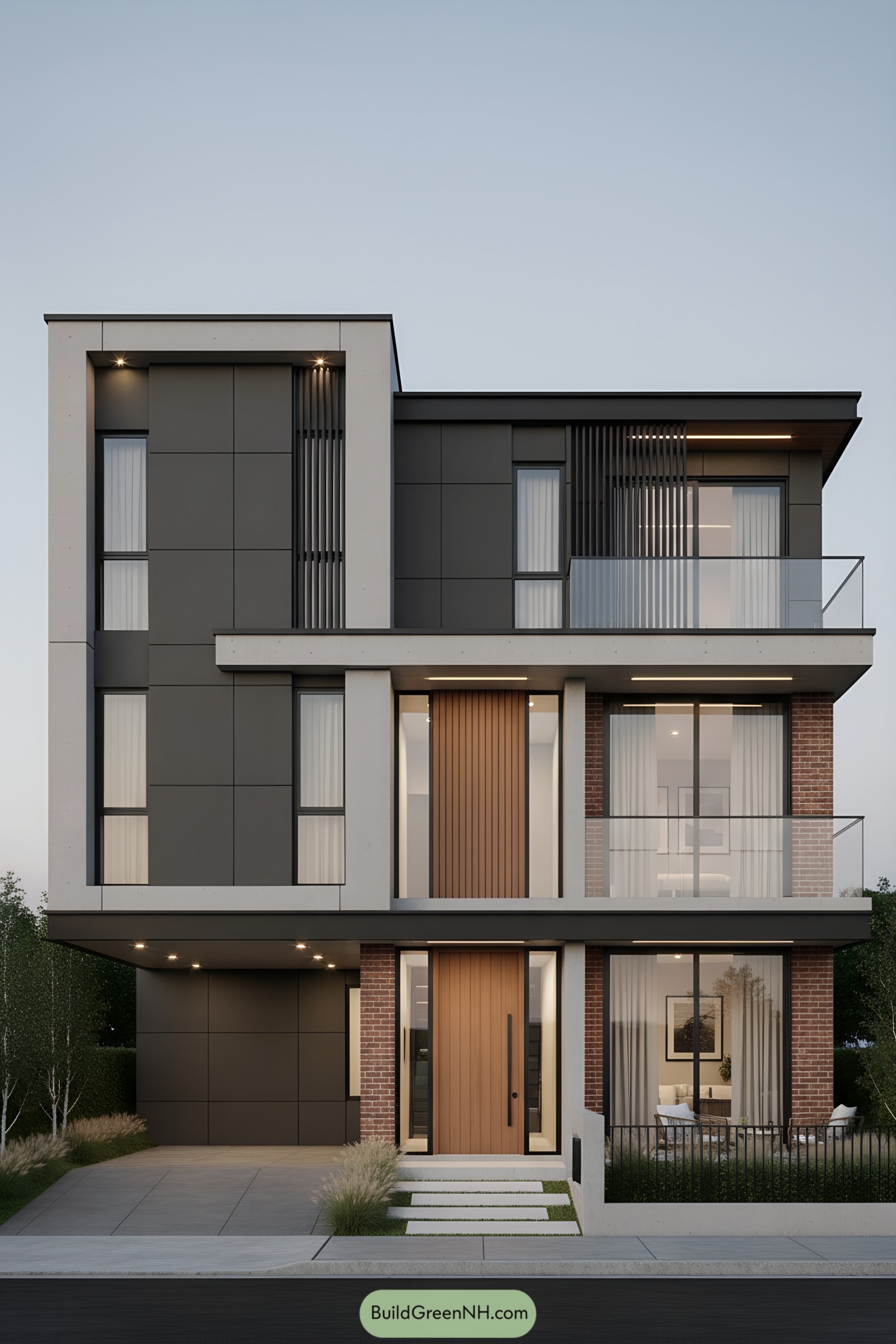 Modern three-story facade with wood door