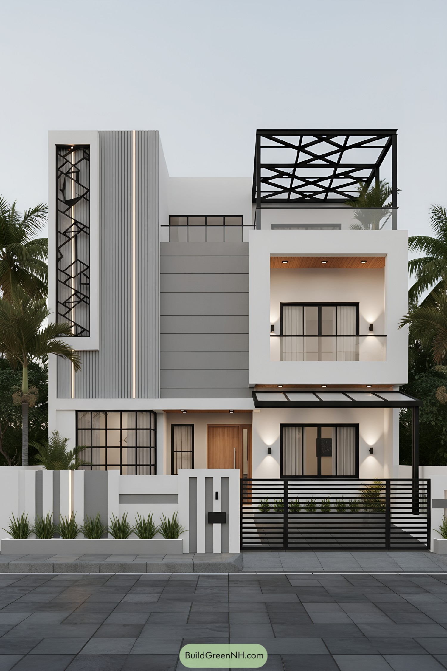 Modern cubic house with black lattice pergola, gray panels, and glass rails