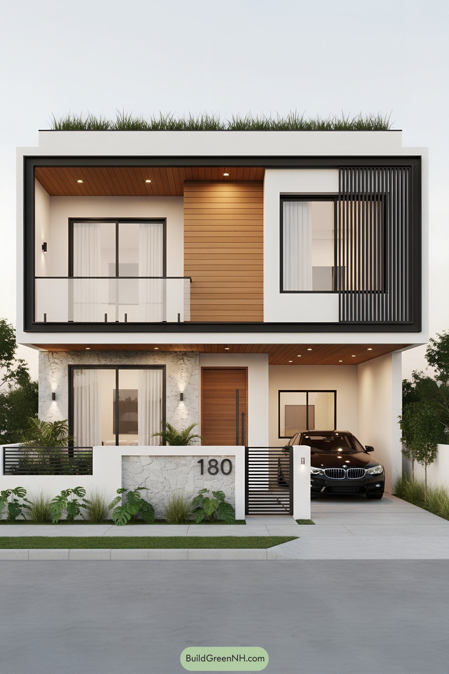 Modern two-story facade with black frame, wood accents, slatted screen, and rooftop planter
