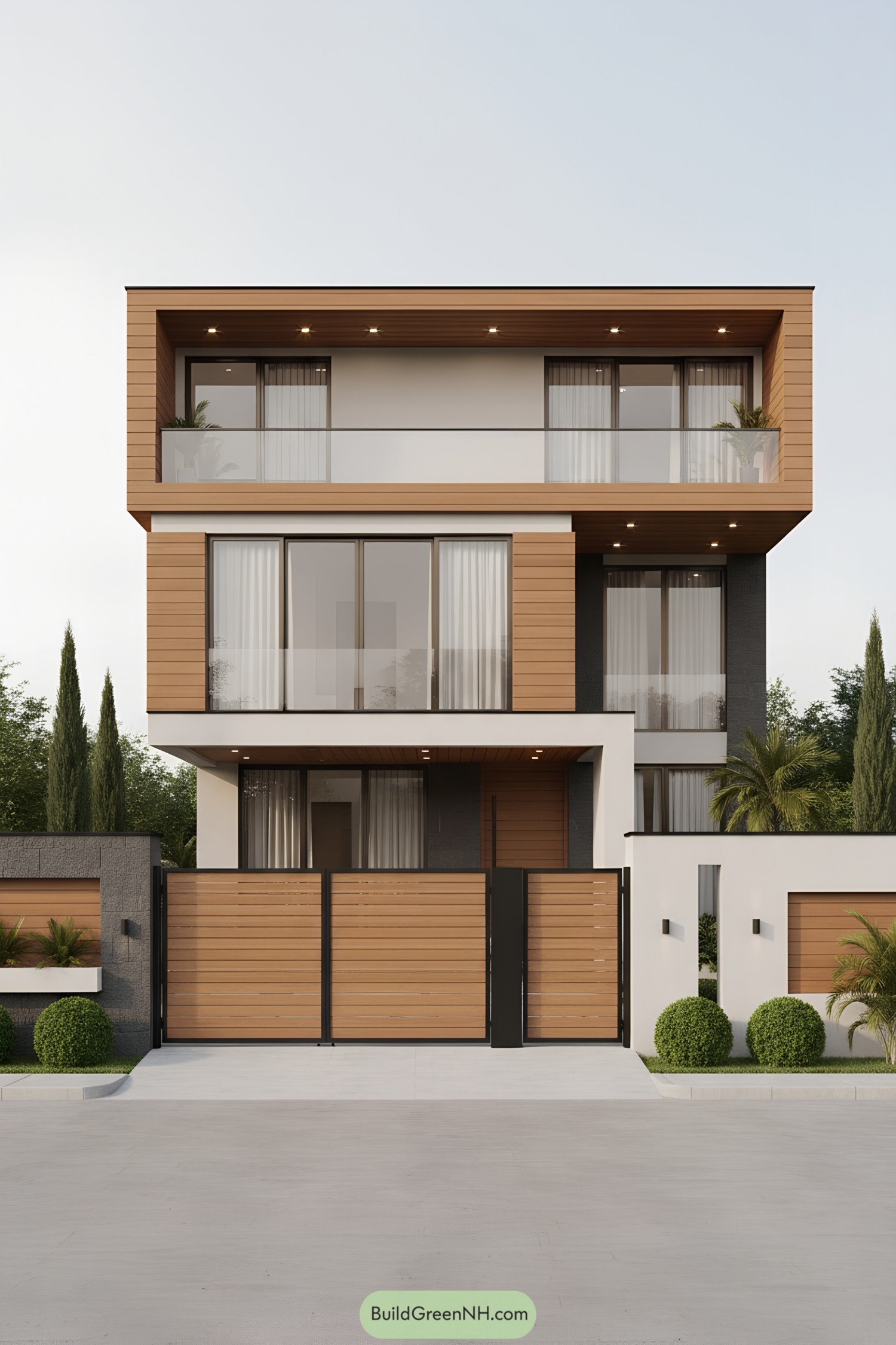 Modern three-story facade with cedar cladding, glass railings, and black-framed windows