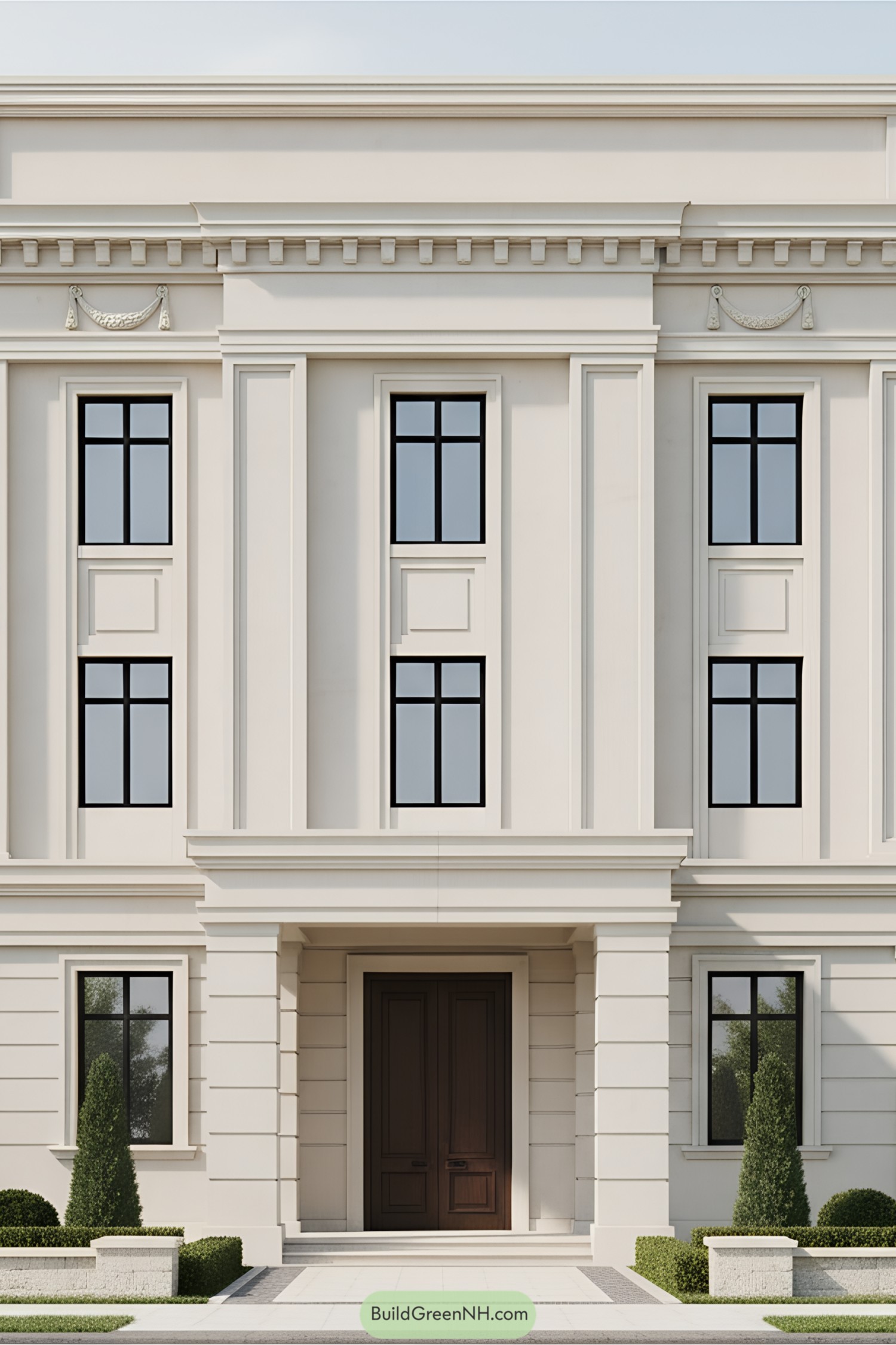 Elegant neoclassical building with symmetrical windows and grand entrance