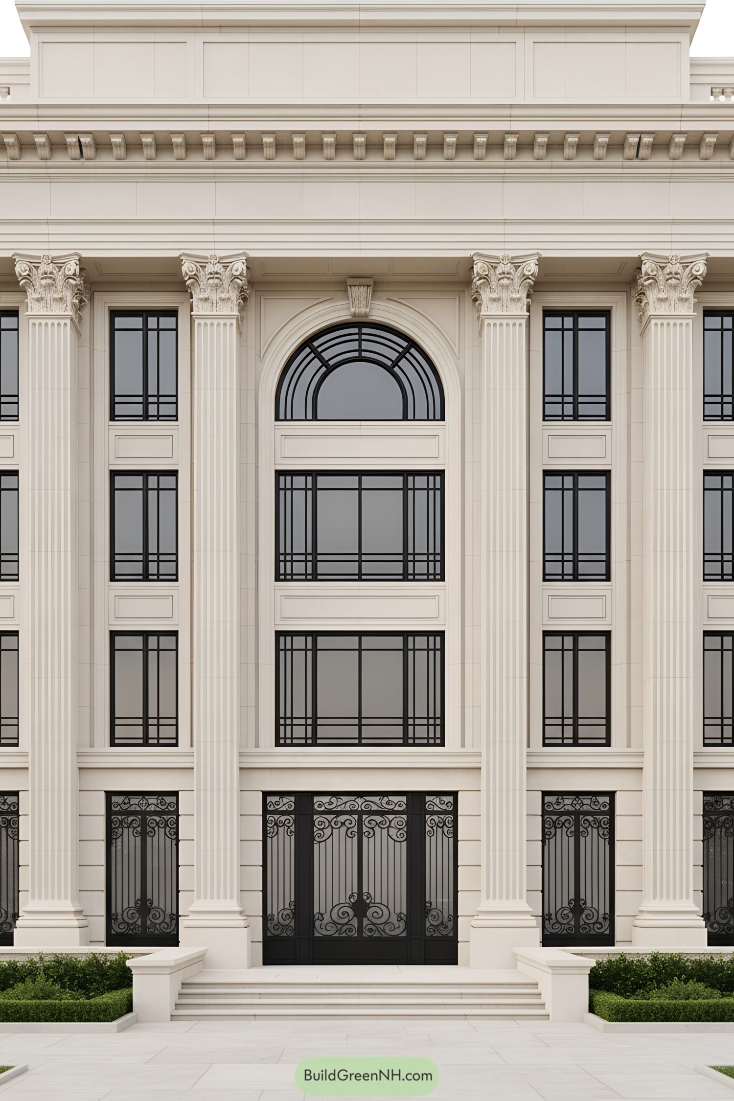 Facade with towering columns and decorative windows