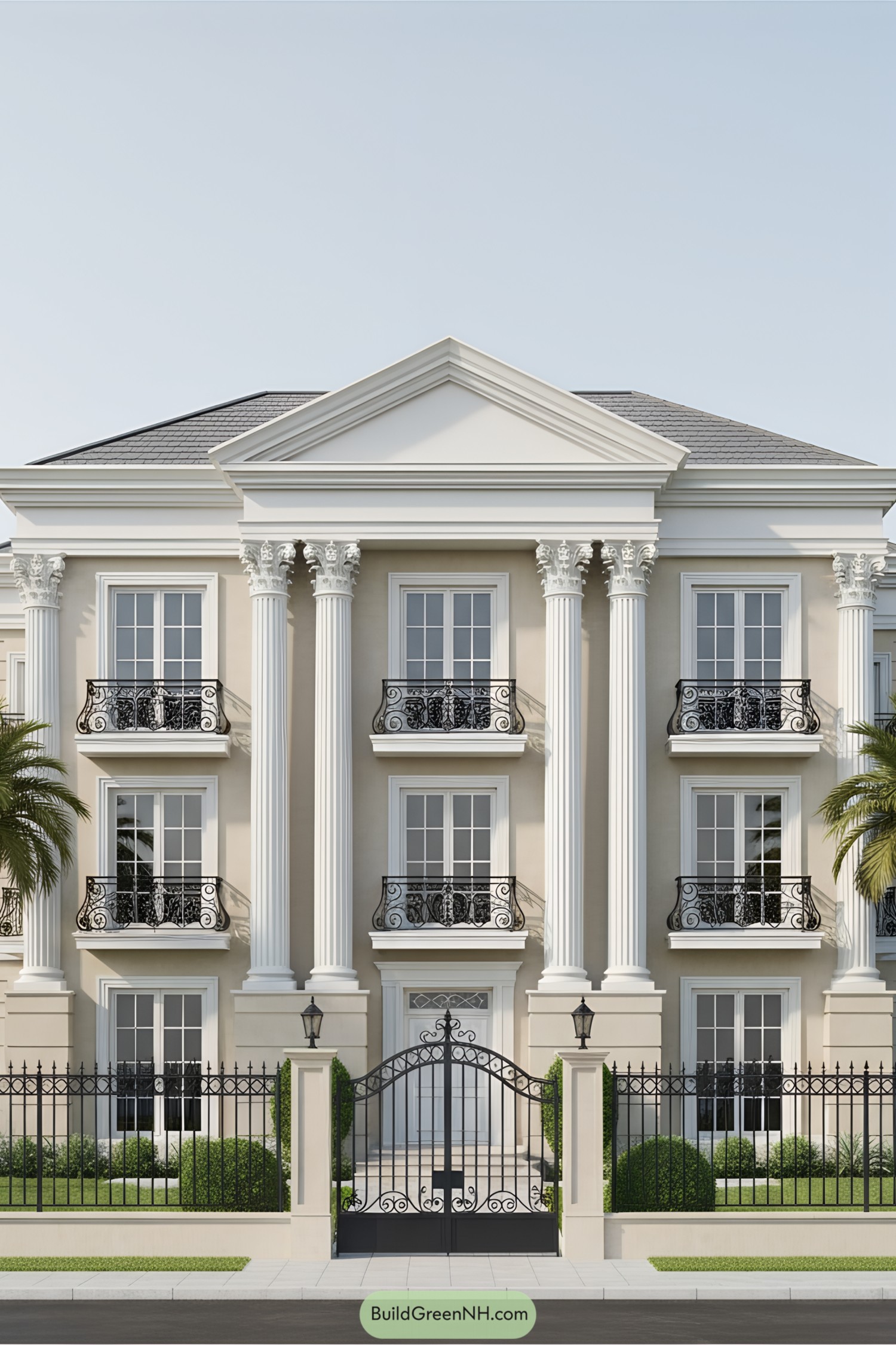 Neoclassical mansion with tall columns and intricate railings